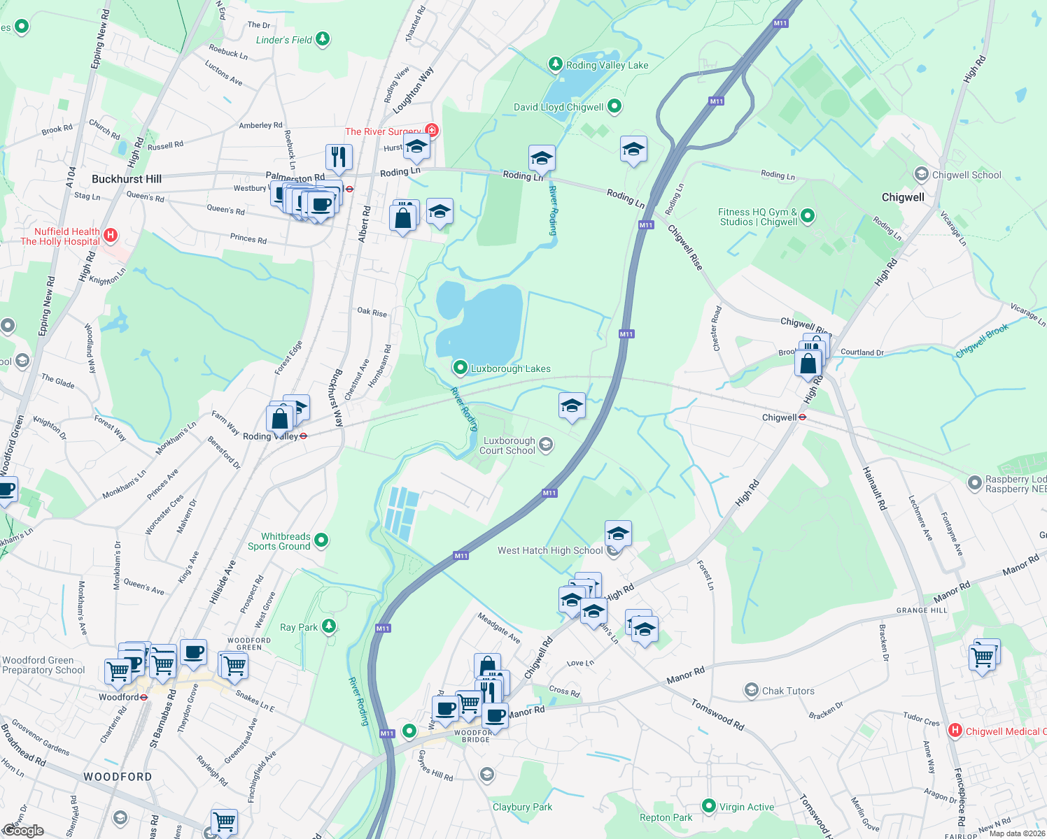 map of restaurants, bars, coffee shops, grocery stores, and more near 112 Luxborough Lane in Essex