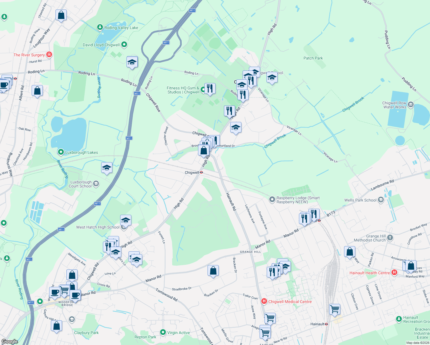 map of restaurants, bars, coffee shops, grocery stores, and more near 13 Station Road in Essex