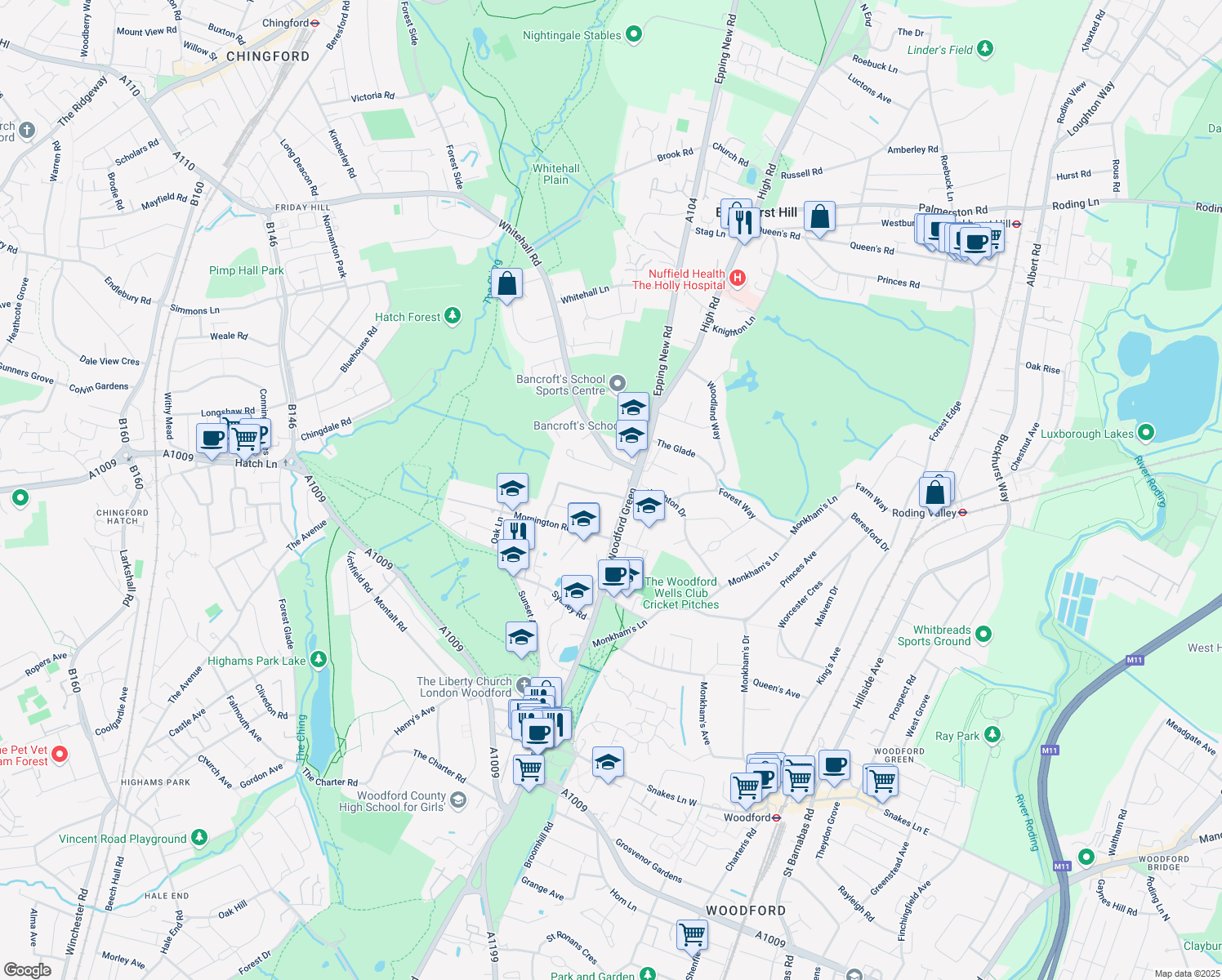 map of restaurants, bars, coffee shops, grocery stores, and more near 3 Woodside Road in Woodford