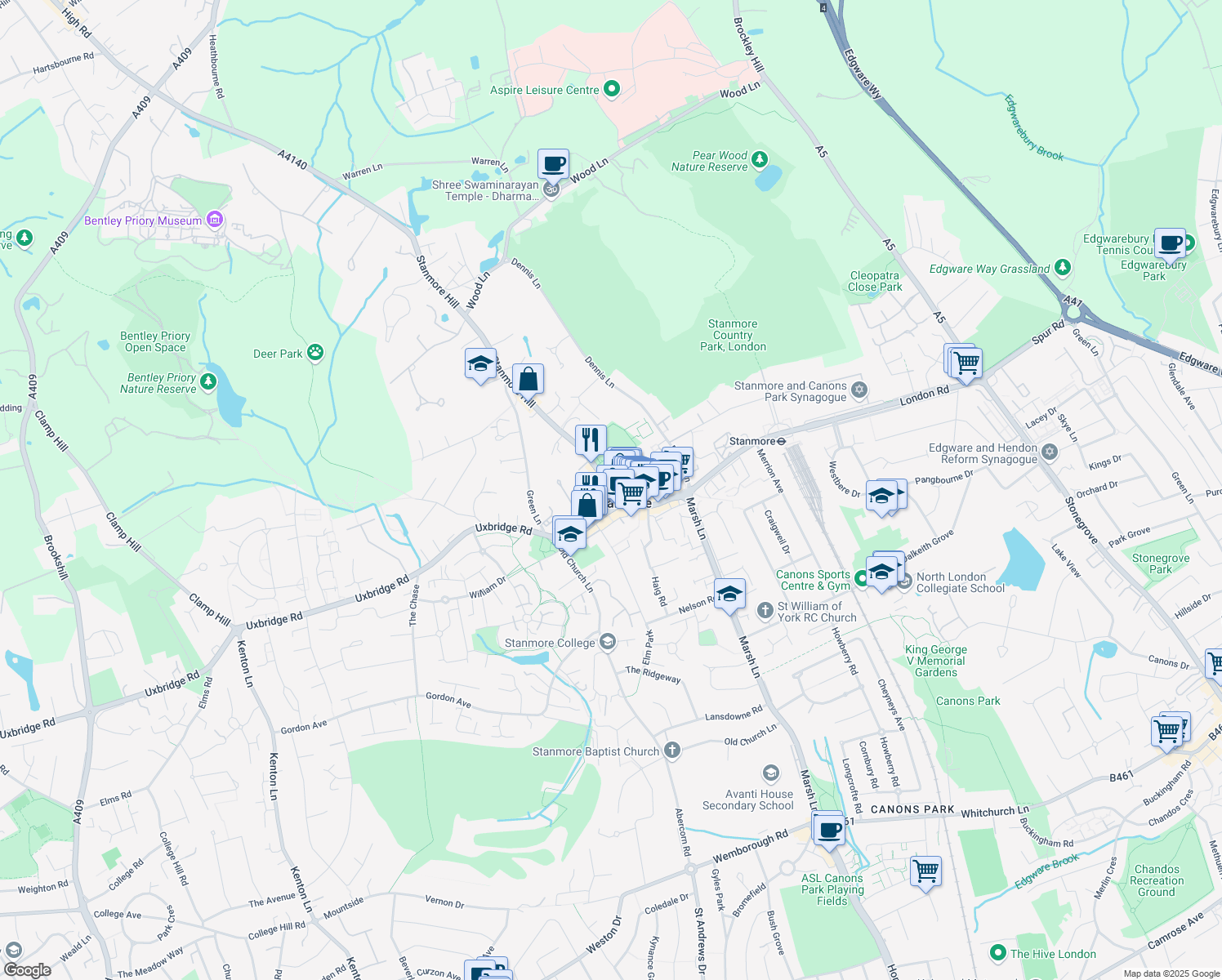 map of restaurants, bars, coffee shops, grocery stores, and more near  in Stanmore