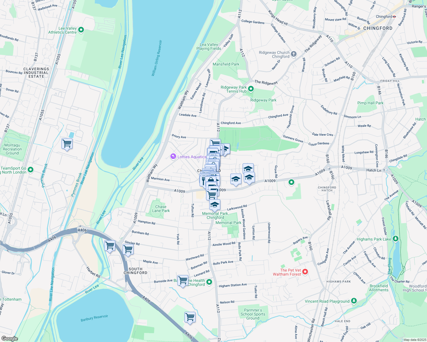 map of restaurants, bars, coffee shops, grocery stores, and more near Old Church Road in Greater London