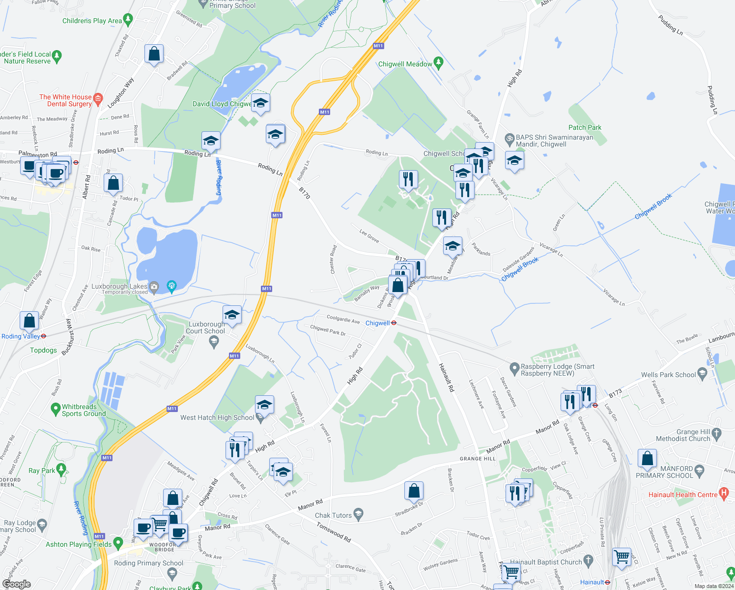 map of restaurants, bars, coffee shops, grocery stores, and more near 14 Barnaby Way in Essex