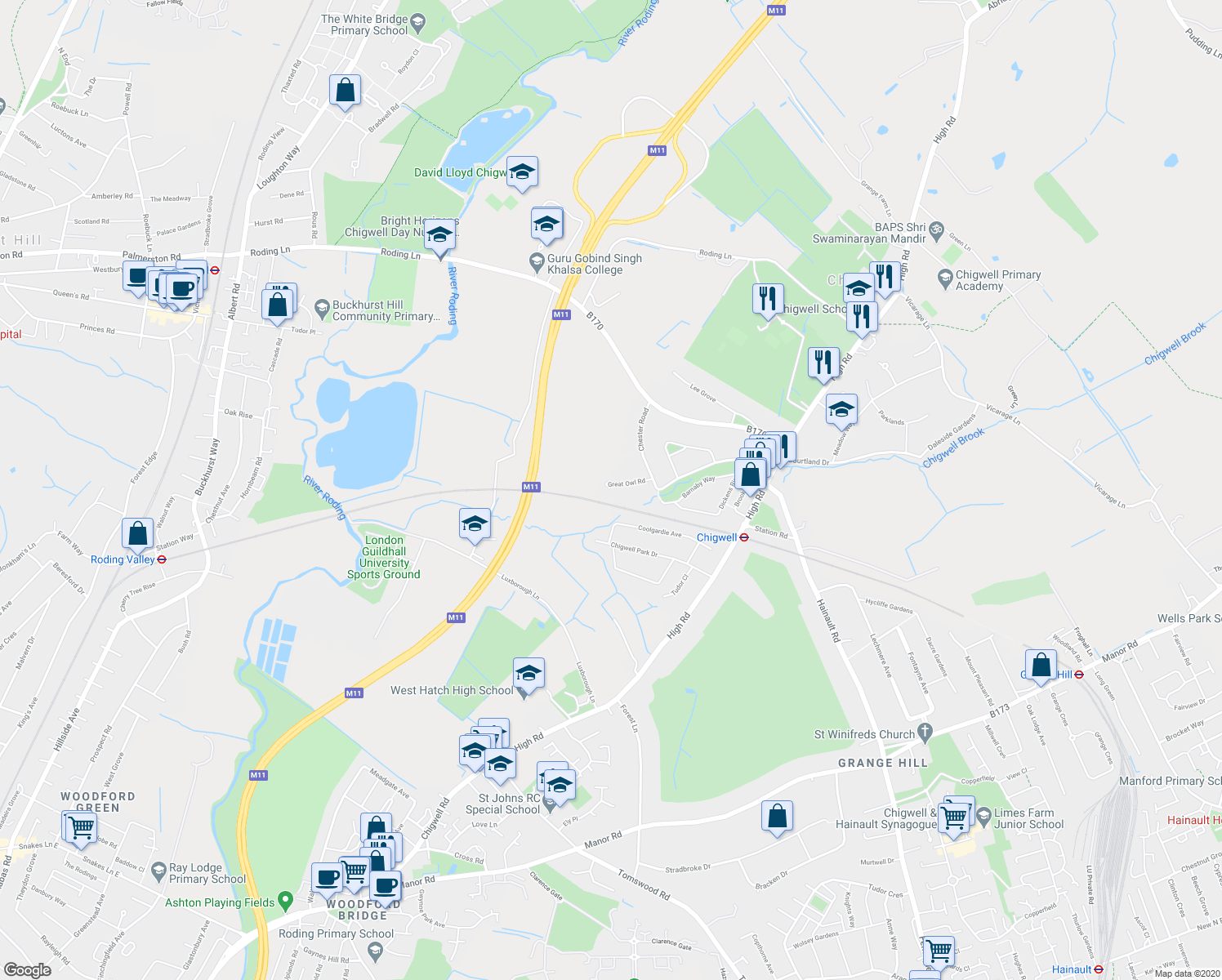 map of restaurants, bars, coffee shops, grocery stores, and more near 9 Great Owl Road in Essex