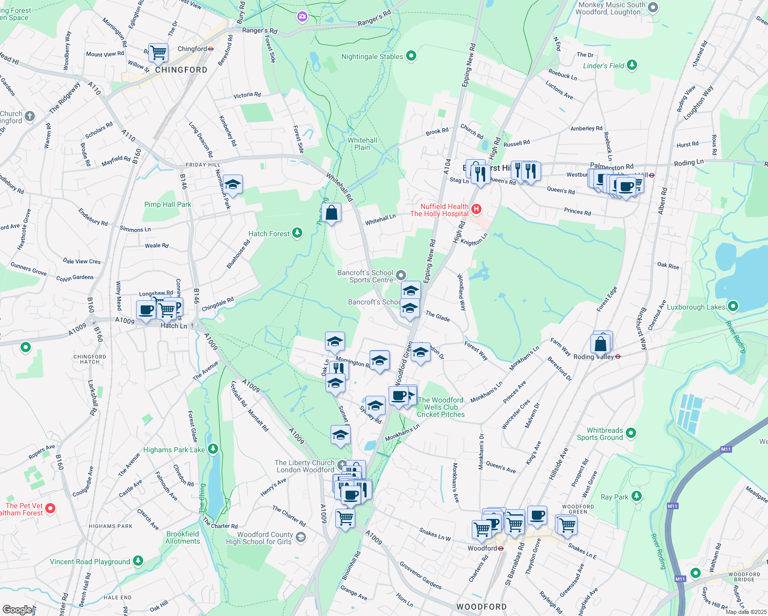 map of restaurants, bars, coffee shops, grocery stores, and more near 173A Whitehall Road in Greater London