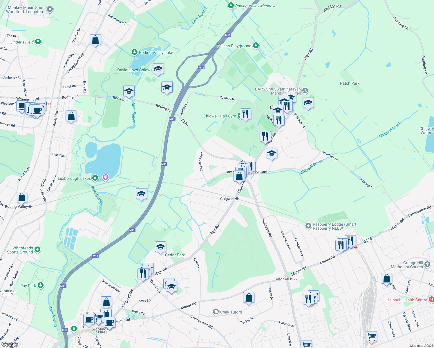 map of restaurants, bars, coffee shops, grocery stores, and more near 14 Barnaby Way in Essex