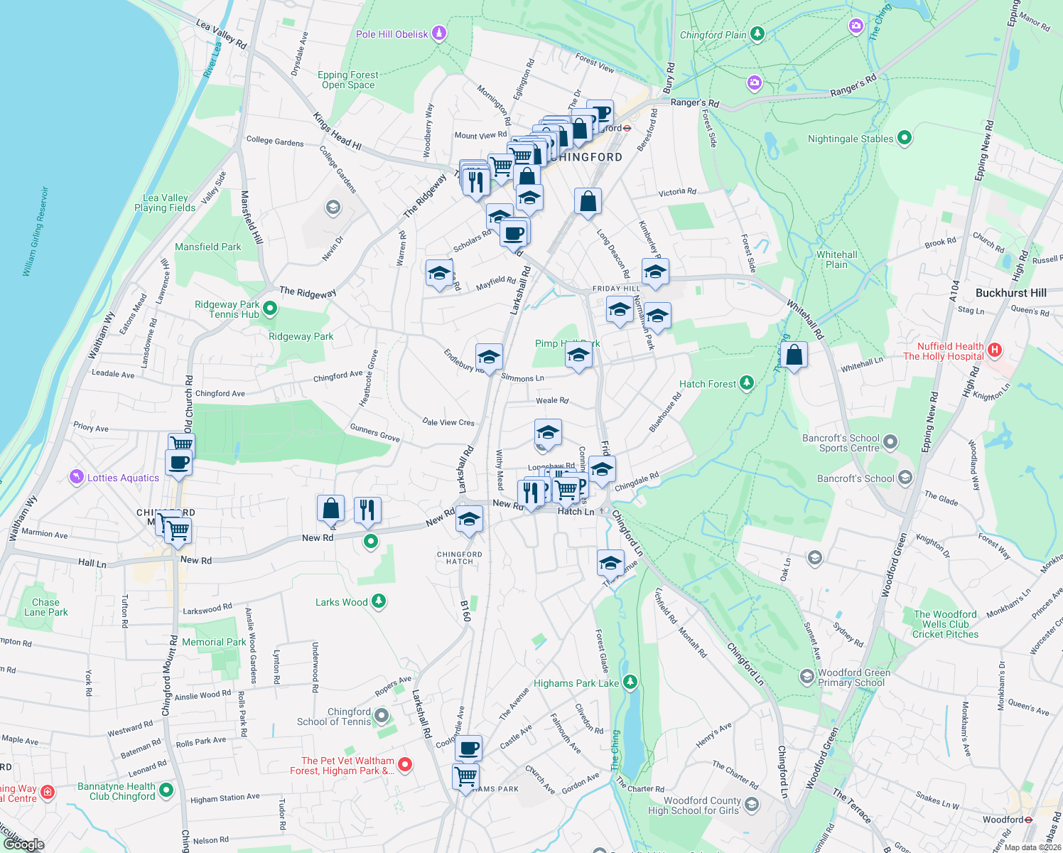 map of restaurants, bars, coffee shops, grocery stores, and more near in Greater London