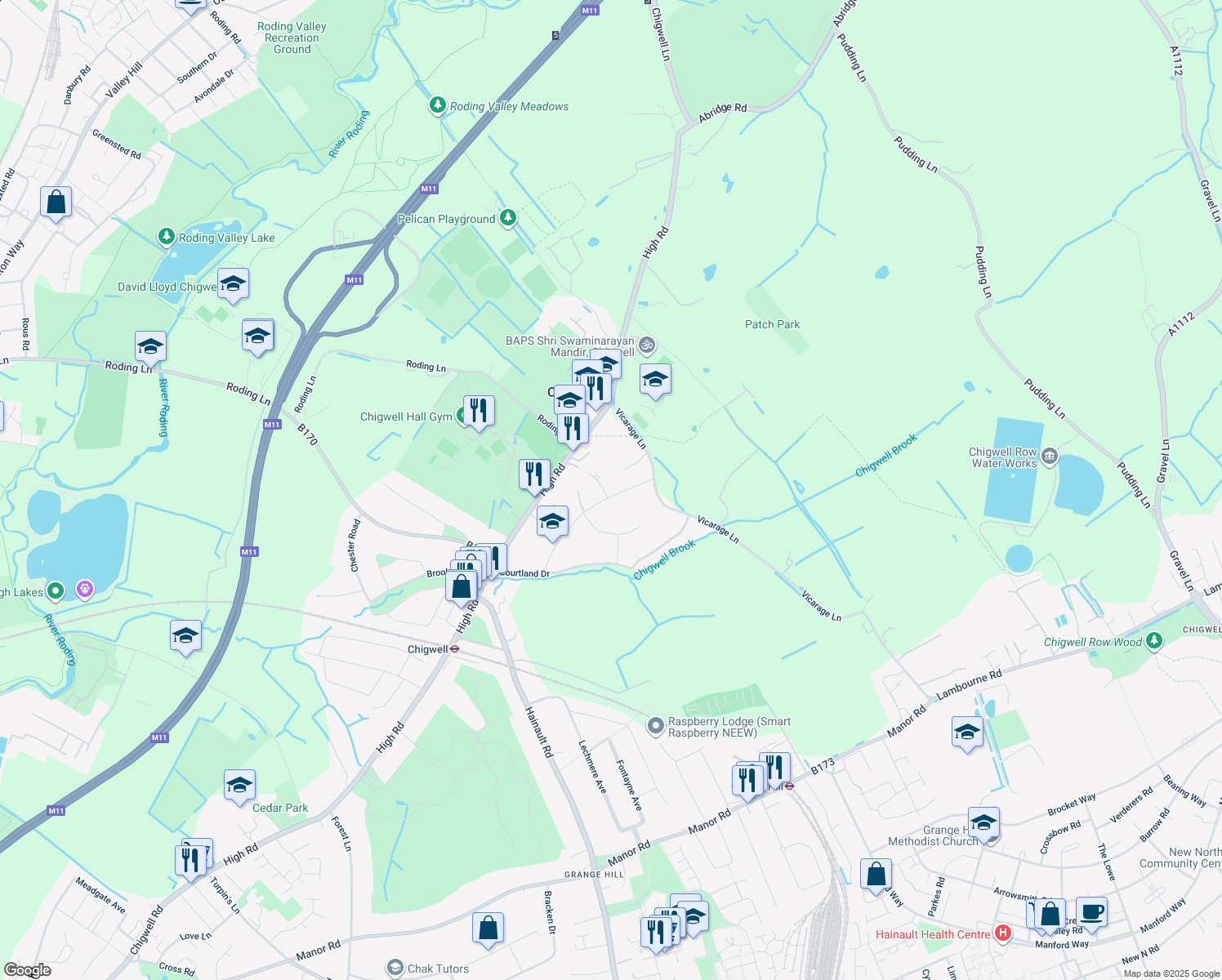 map of restaurants, bars, coffee shops, grocery stores, and more near 31 Meadow Way in Essex