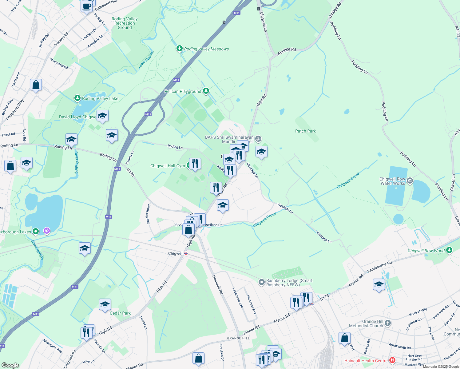 map of restaurants, bars, coffee shops, grocery stores, and more near 72 High Road in Essex