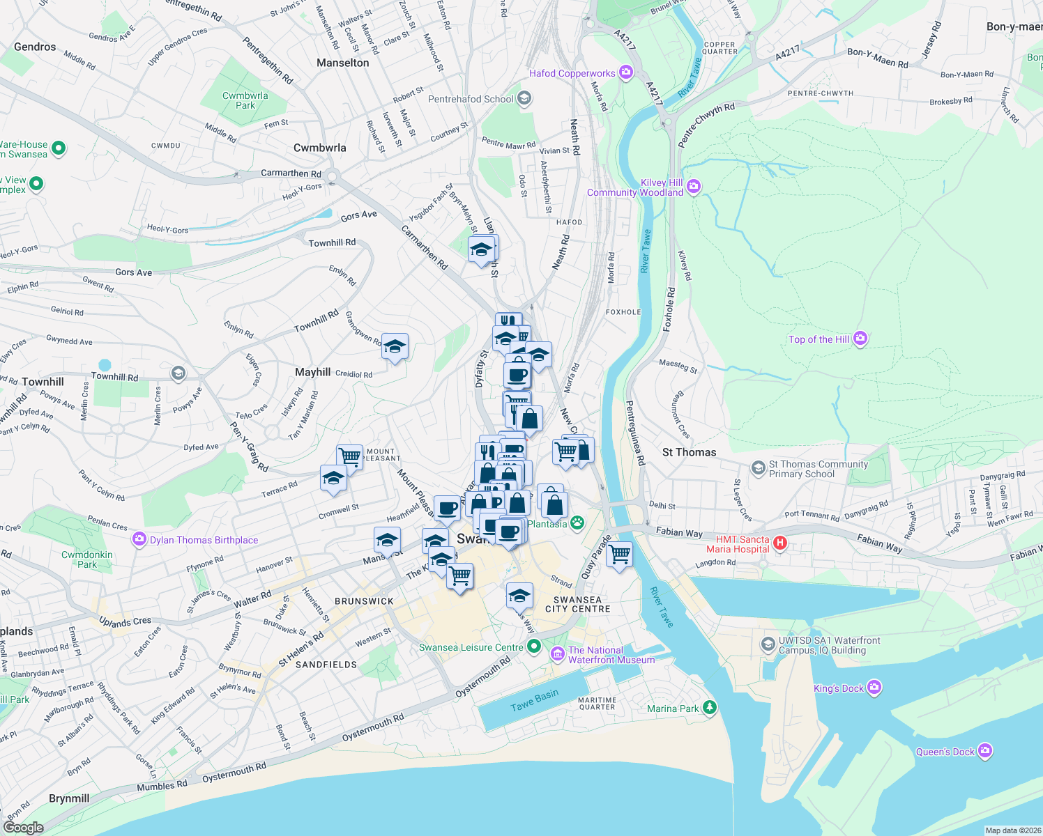 map of restaurants, bars, coffee shops, grocery stores, and more near 185 High Street in Swansea