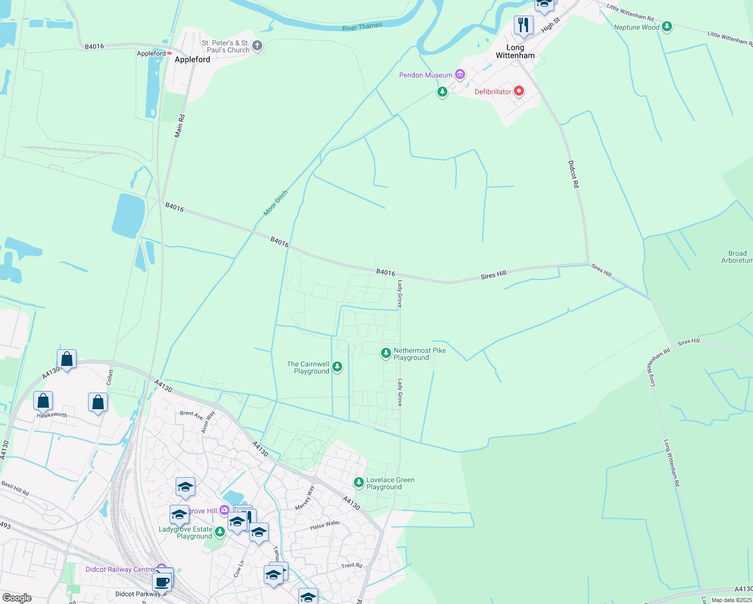 map of restaurants, bars, coffee shops, grocery stores, and more near Mayar Way in Oxfordshire