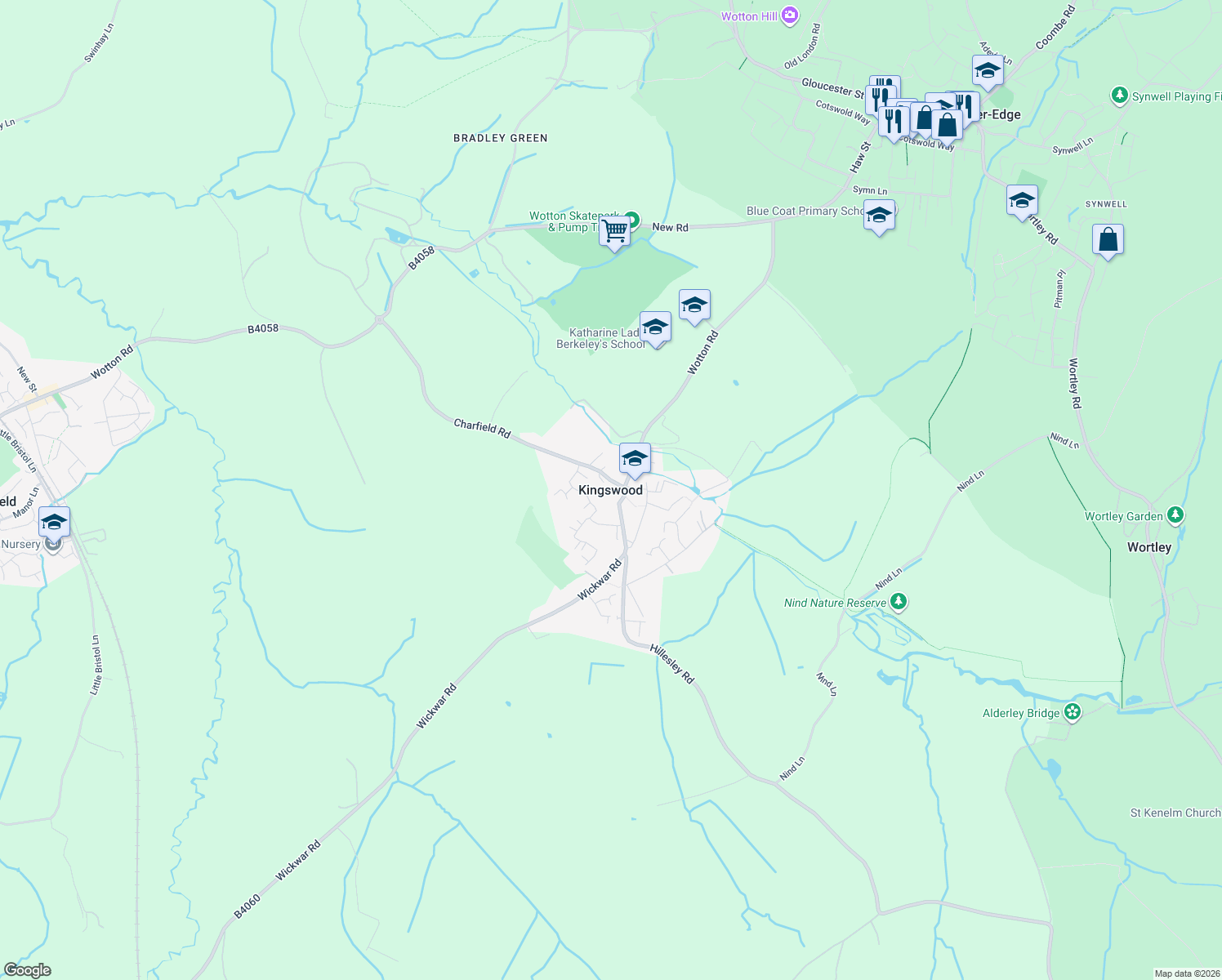 map of restaurants, bars, coffee shops, grocery stores, and more near in Kingswood