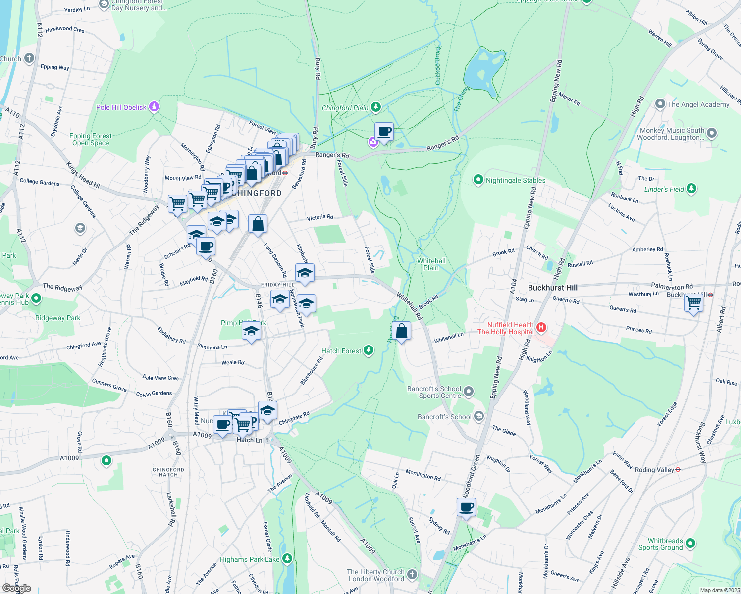 map of restaurants, bars, coffee shops, grocery stores, and more near 20 Rookwood Gardens in Greater London