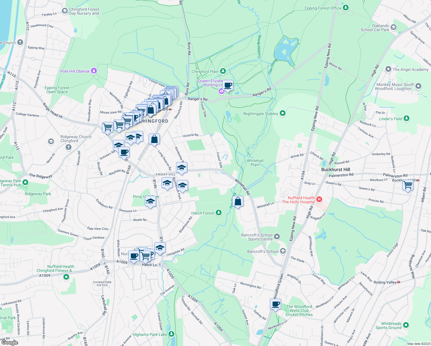 map of restaurants, bars, coffee shops, grocery stores, and more near 20 Rookwood Gardens in Greater London