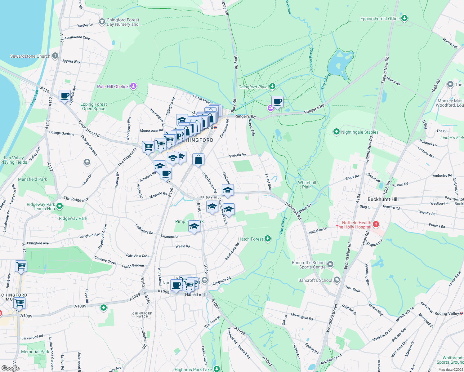 map of restaurants, bars, coffee shops, grocery stores, and more near in Greater London