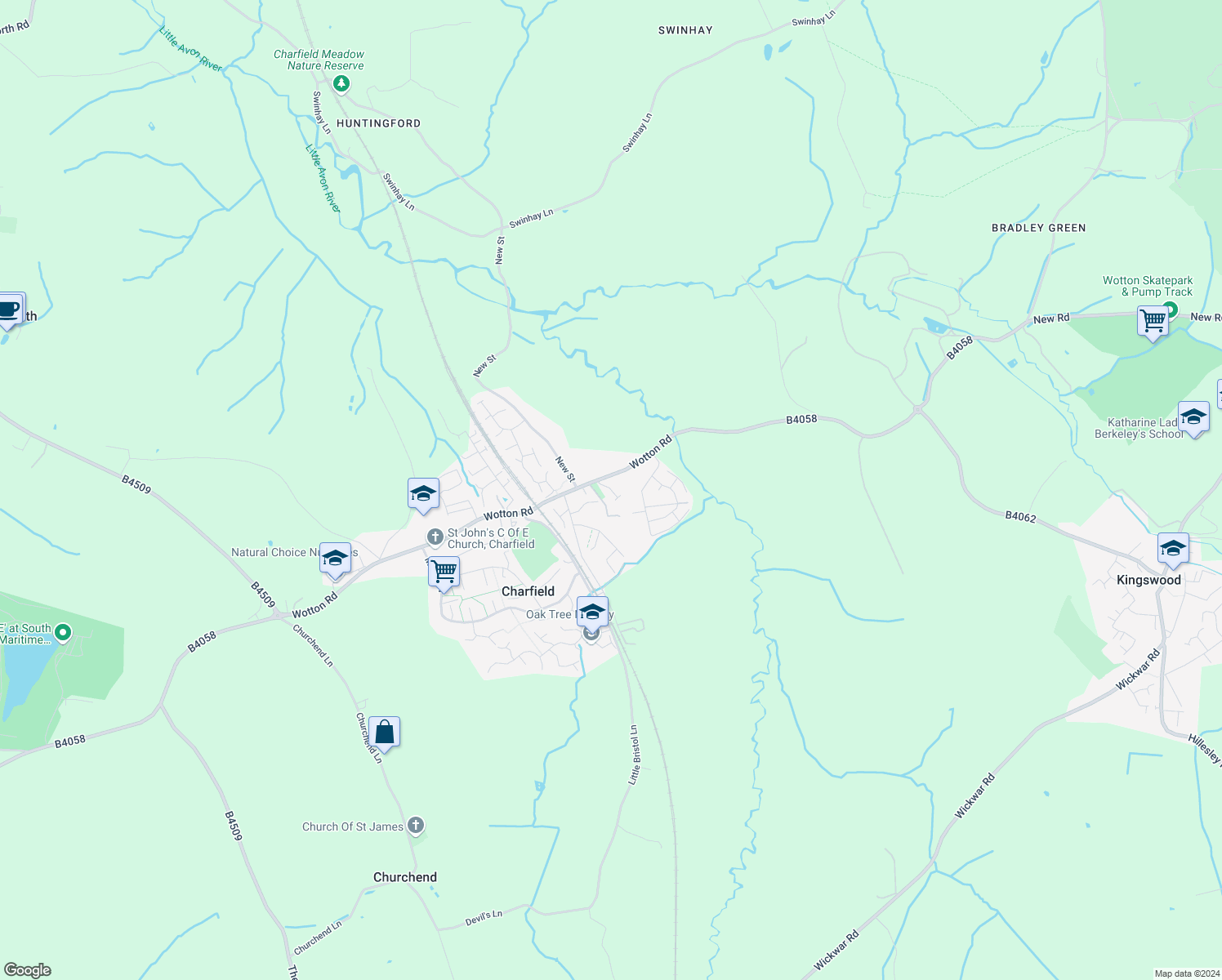 map of restaurants, bars, coffee shops, grocery stores, and more near Kings Meadow in Charfield