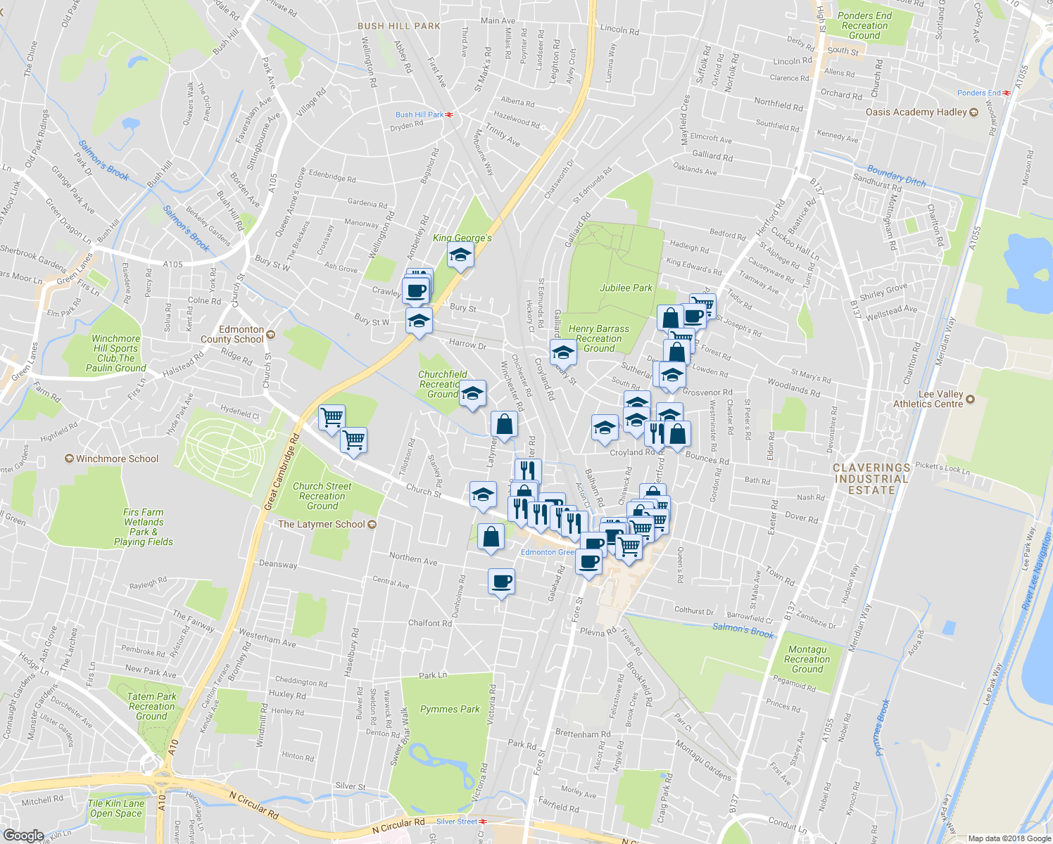 map of restaurants, bars, coffee shops, grocery stores, and more near Winchester Road in London