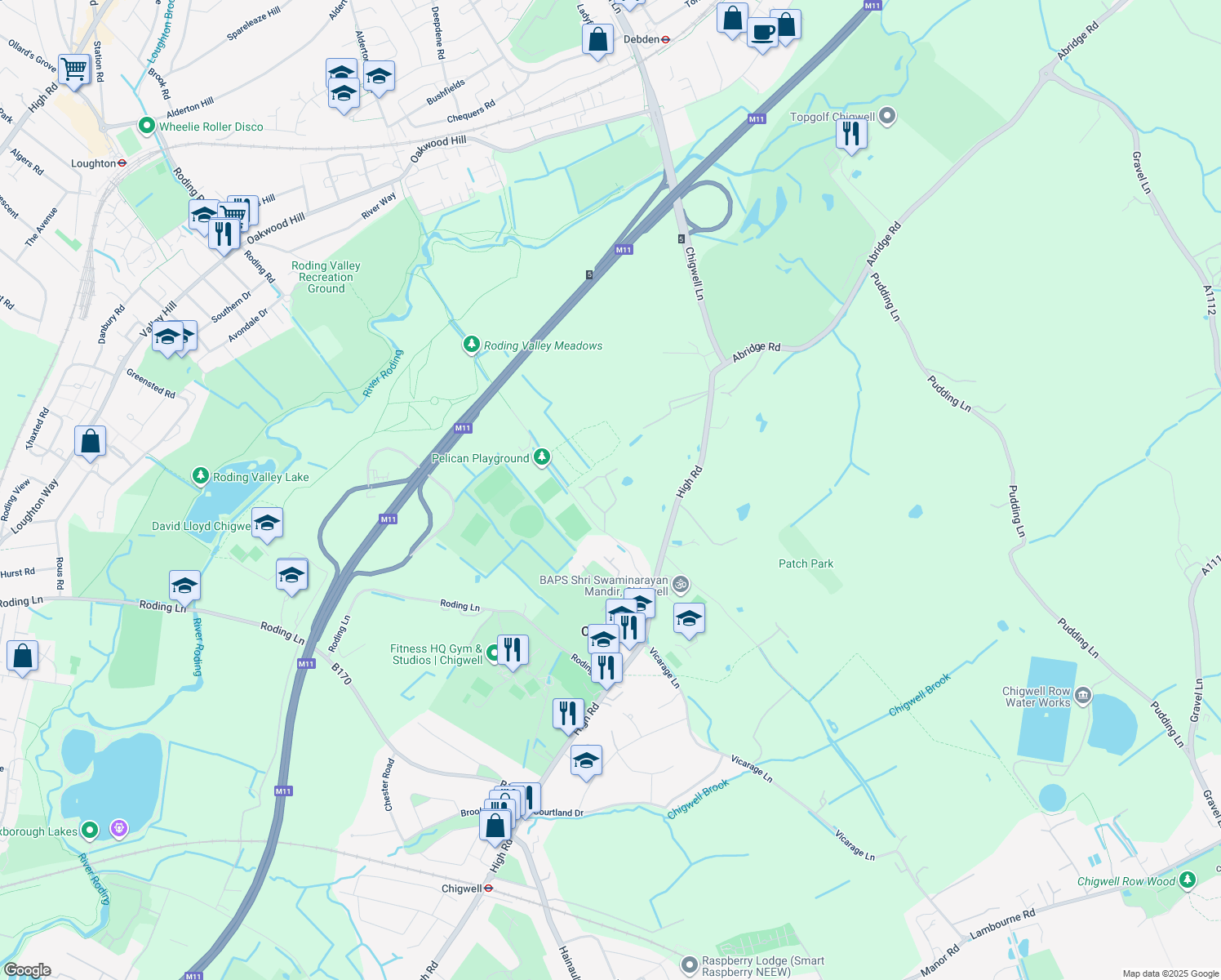 map of restaurants, bars, coffee shops, grocery stores, and more near High Road in Essex