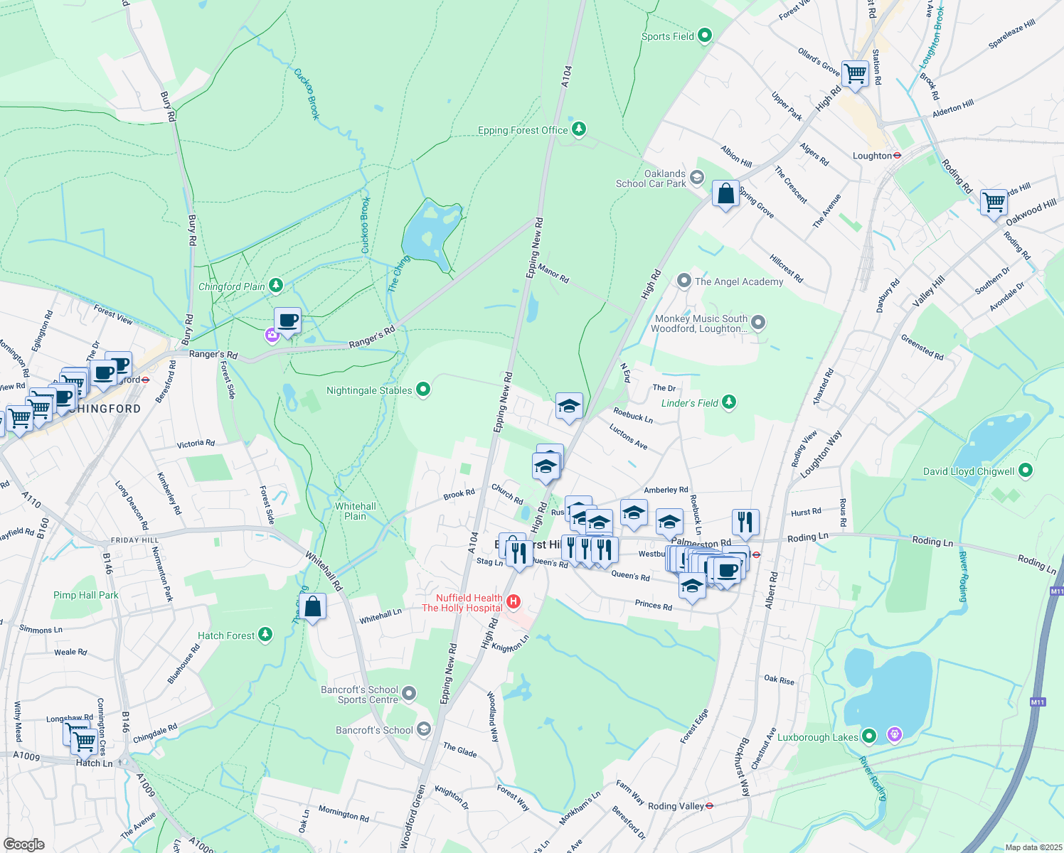 map of restaurants, bars, coffee shops, grocery stores, and more near 35A Queensbury in Essex