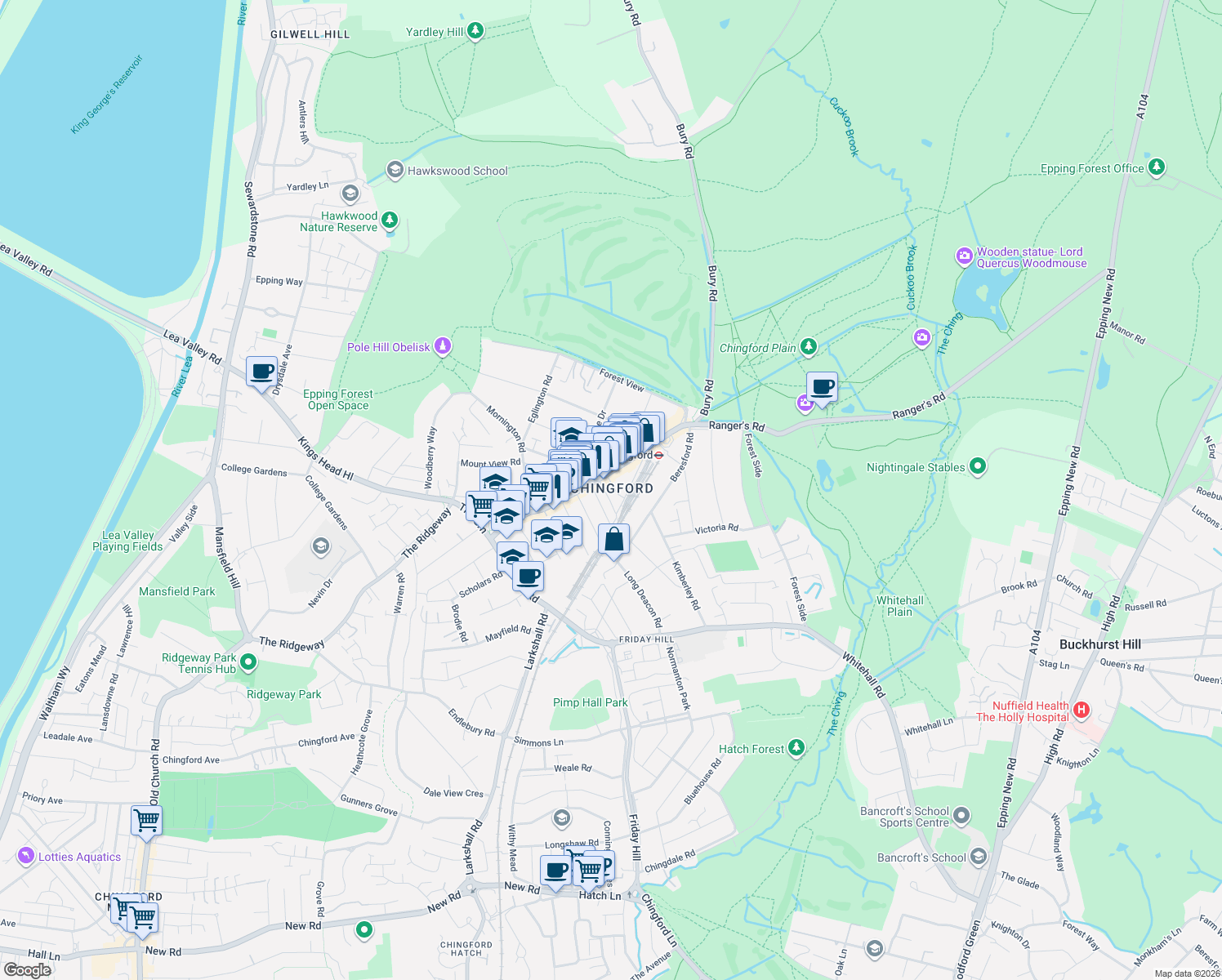 map of restaurants, bars, coffee shops, grocery stores, and more near in Greater London