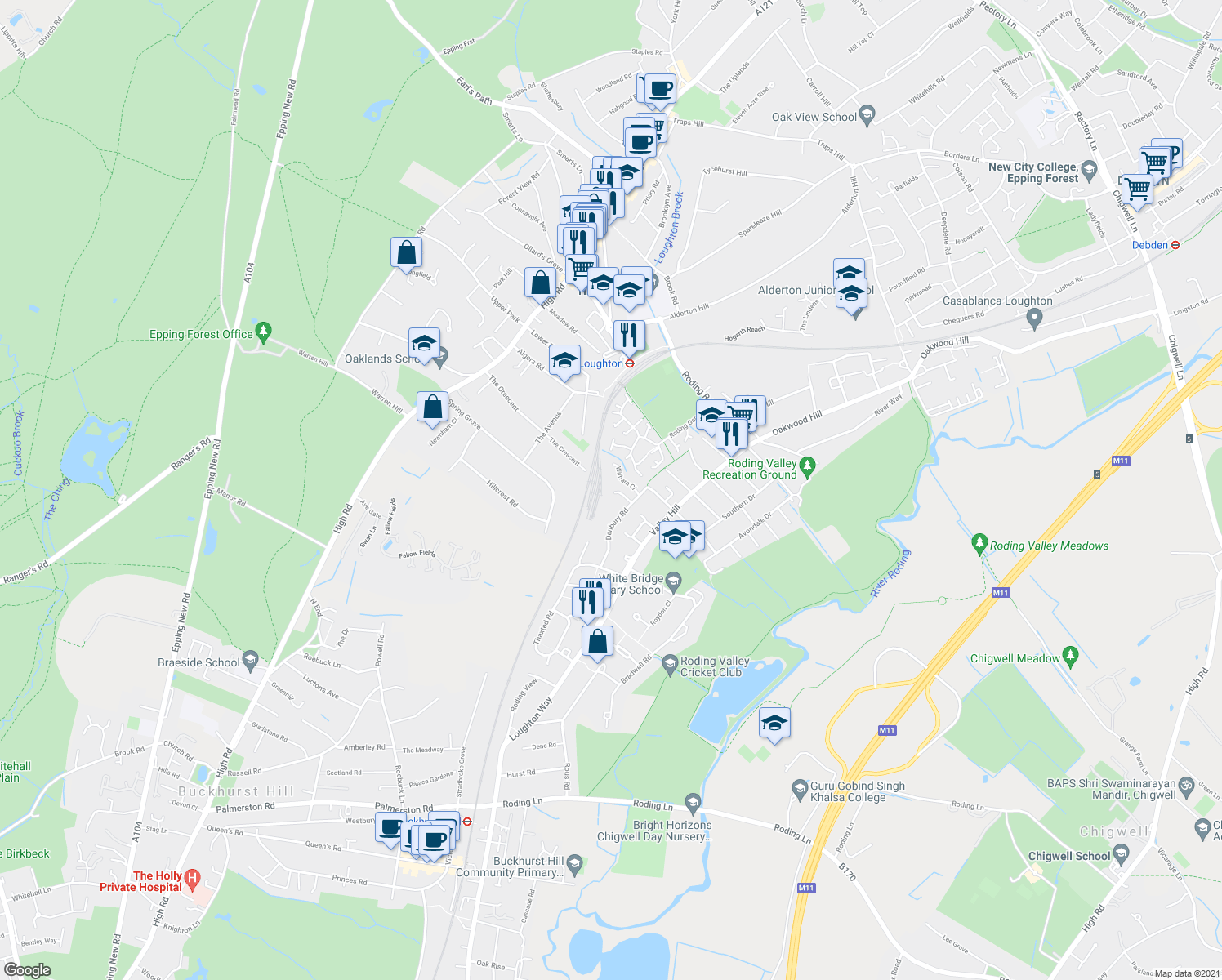 map of restaurants, bars, coffee shops, grocery stores, and more near 14 Dunmow Close in Essex