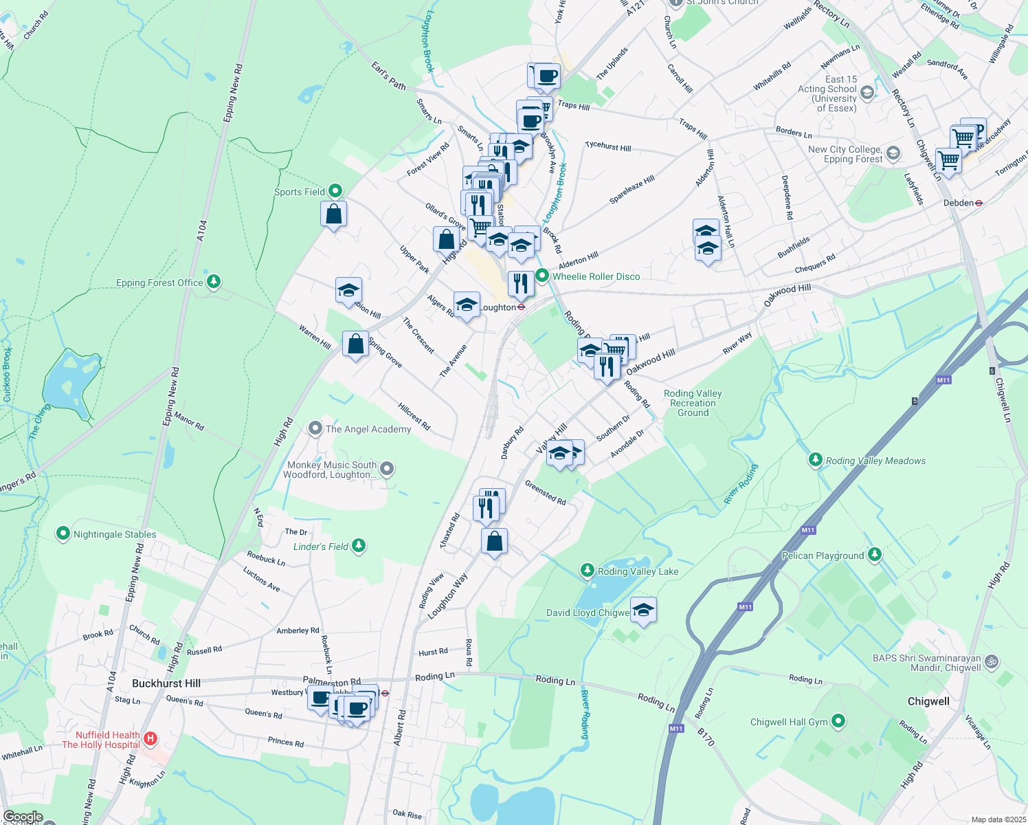 map of restaurants, bars, coffee shops, grocery stores, and more near 14 Dunmow Close in Essex
