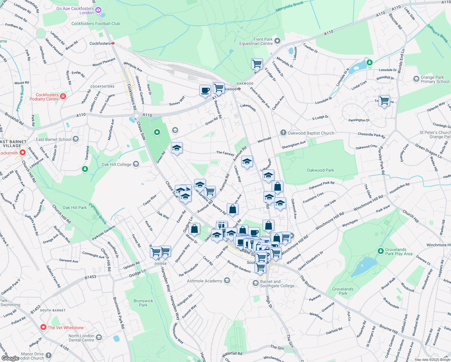 map of restaurants, bars, coffee shops, grocery stores, and more near Avenue Road in Greater London
