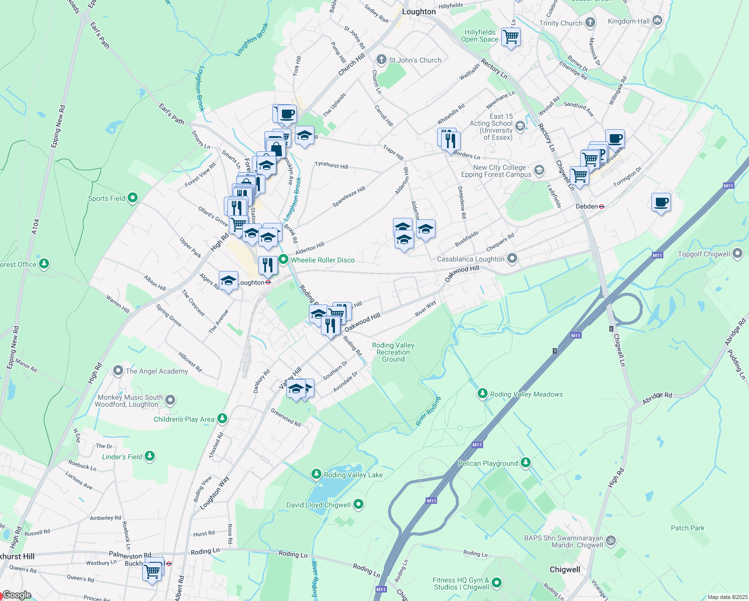 map of restaurants, bars, coffee shops, grocery stores, and more near 67 Stonards Hill in Essex