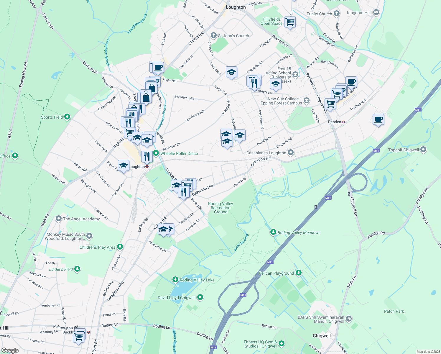 map of restaurants, bars, coffee shops, grocery stores, and more near 3 Barncroft Close in Essex