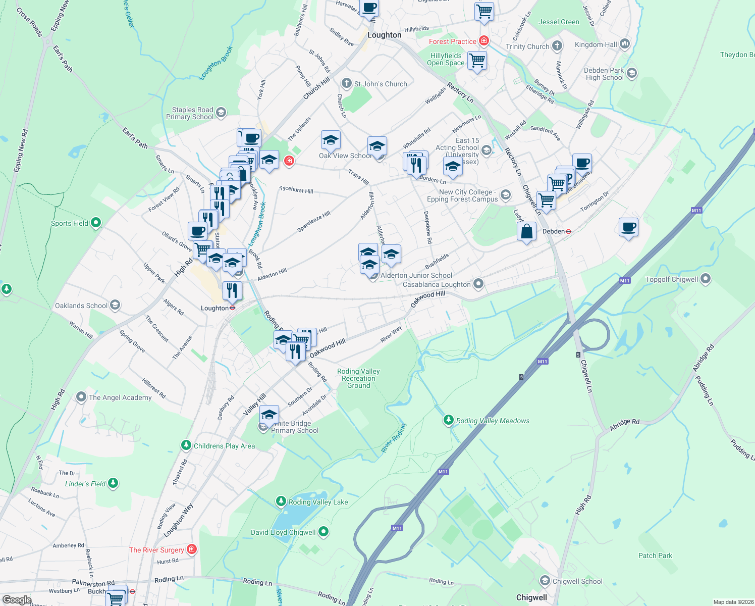 map of restaurants, bars, coffee shops, grocery stores, and more near 10 Barncroft Road in Essex