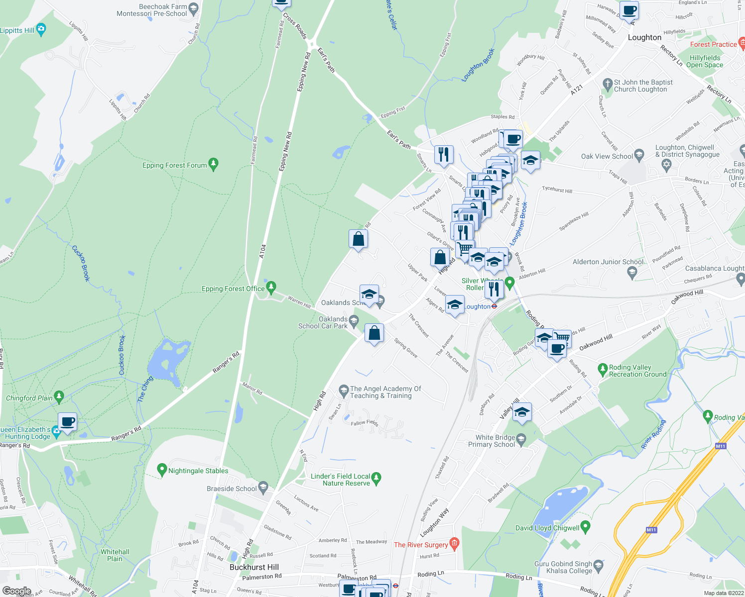 map of restaurants, bars, coffee shops, grocery stores, and more near 23 Albion Hill in Essex
