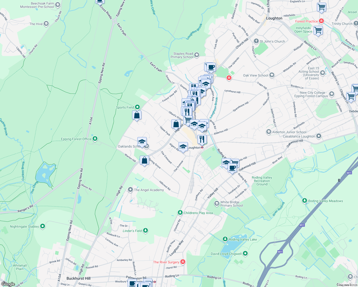 map of restaurants, bars, coffee shops, grocery stores, and more near 1A Lower Park Road in Essex