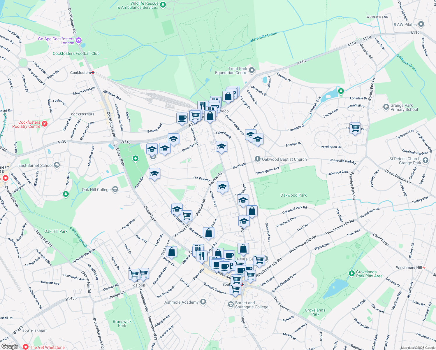 map of restaurants, bars, coffee shops, grocery stores, and more near Avenue Road in Greater London
