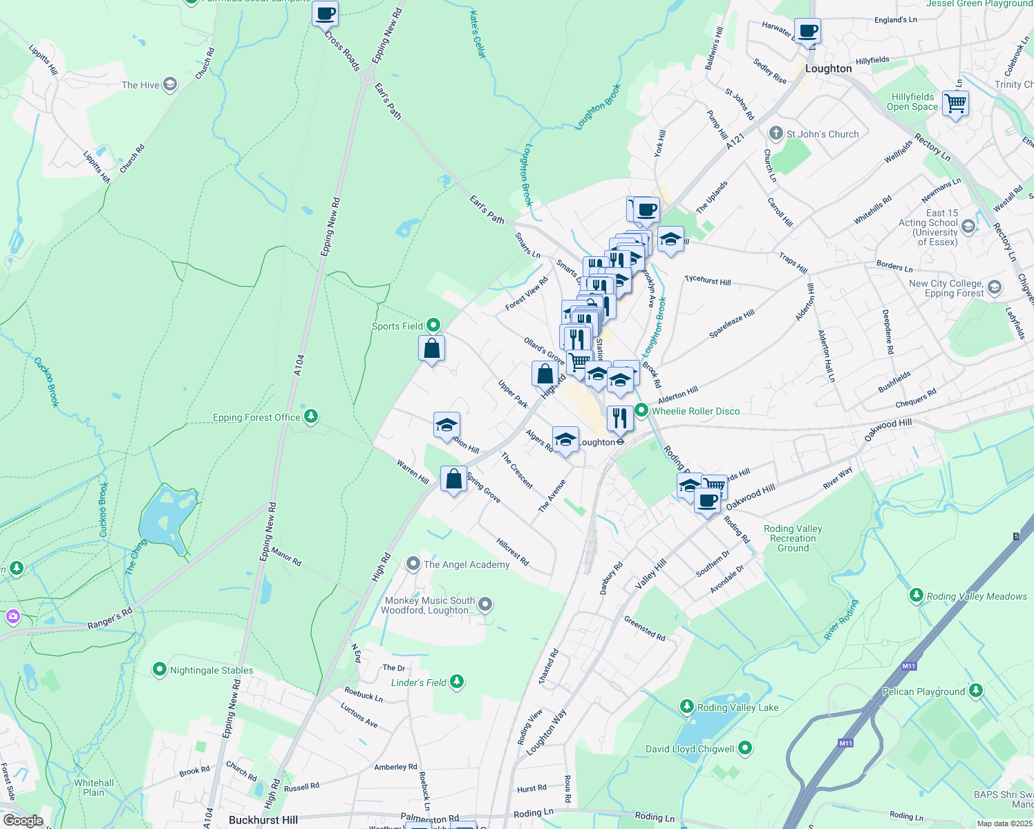 map of restaurants, bars, coffee shops, grocery stores, and more near 7 Algers Road in Essex