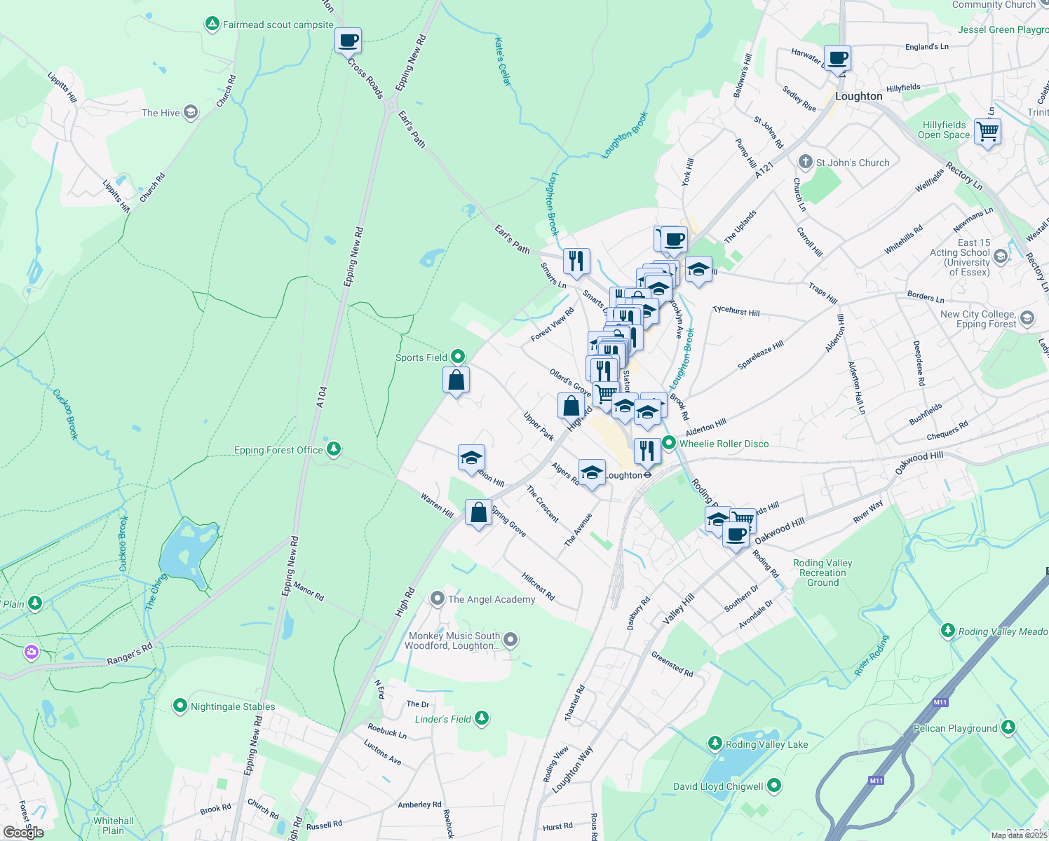 map of restaurants, bars, coffee shops, grocery stores, and more near in Loughton