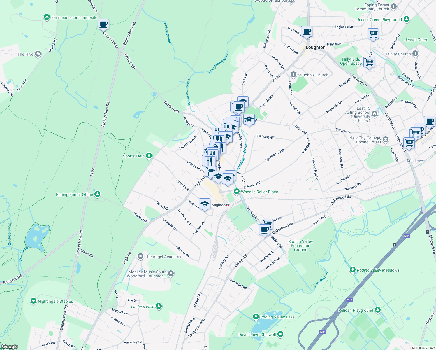 map of restaurants, bars, coffee shops, grocery stores, and more near in Loughton