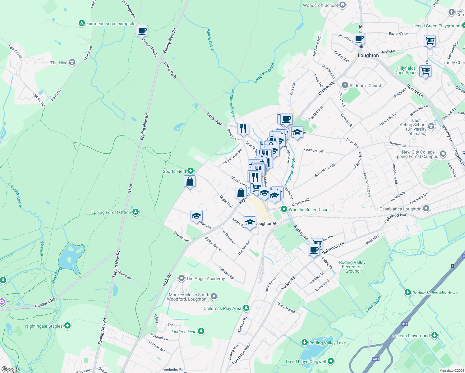 map of restaurants, bars, coffee shops, grocery stores, and more near 17 Park Hill in Essex