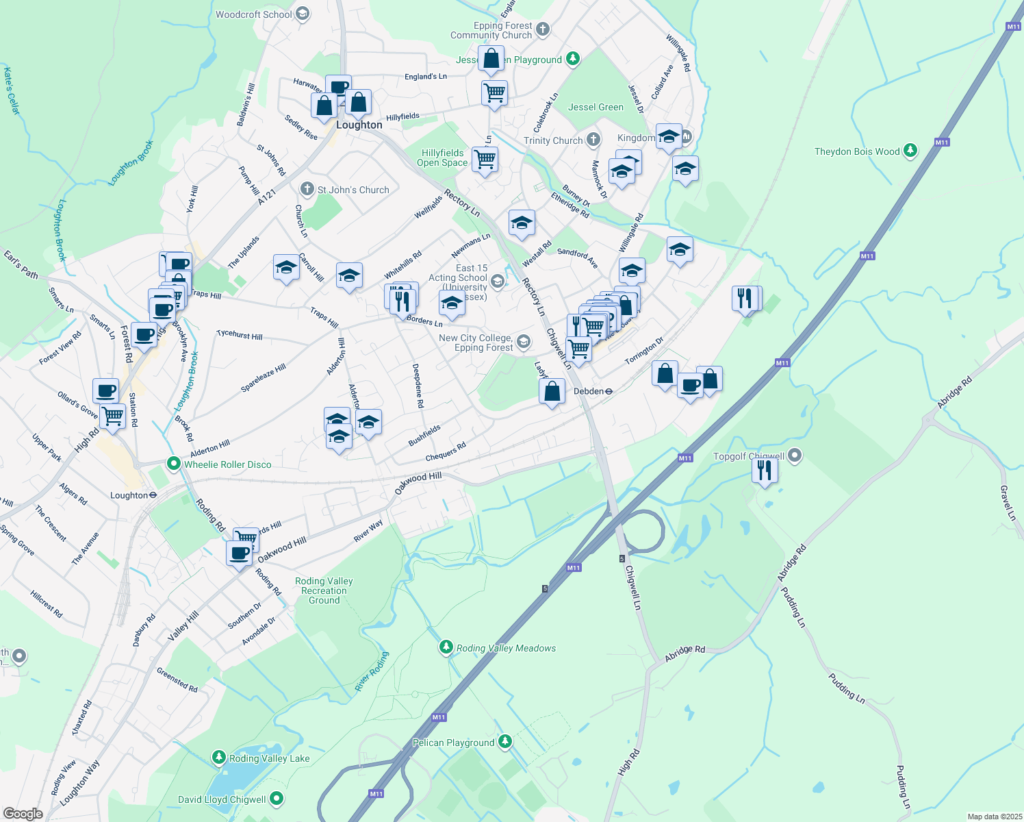 map of restaurants, bars, coffee shops, grocery stores, and more near 46 Colson Road in Essex