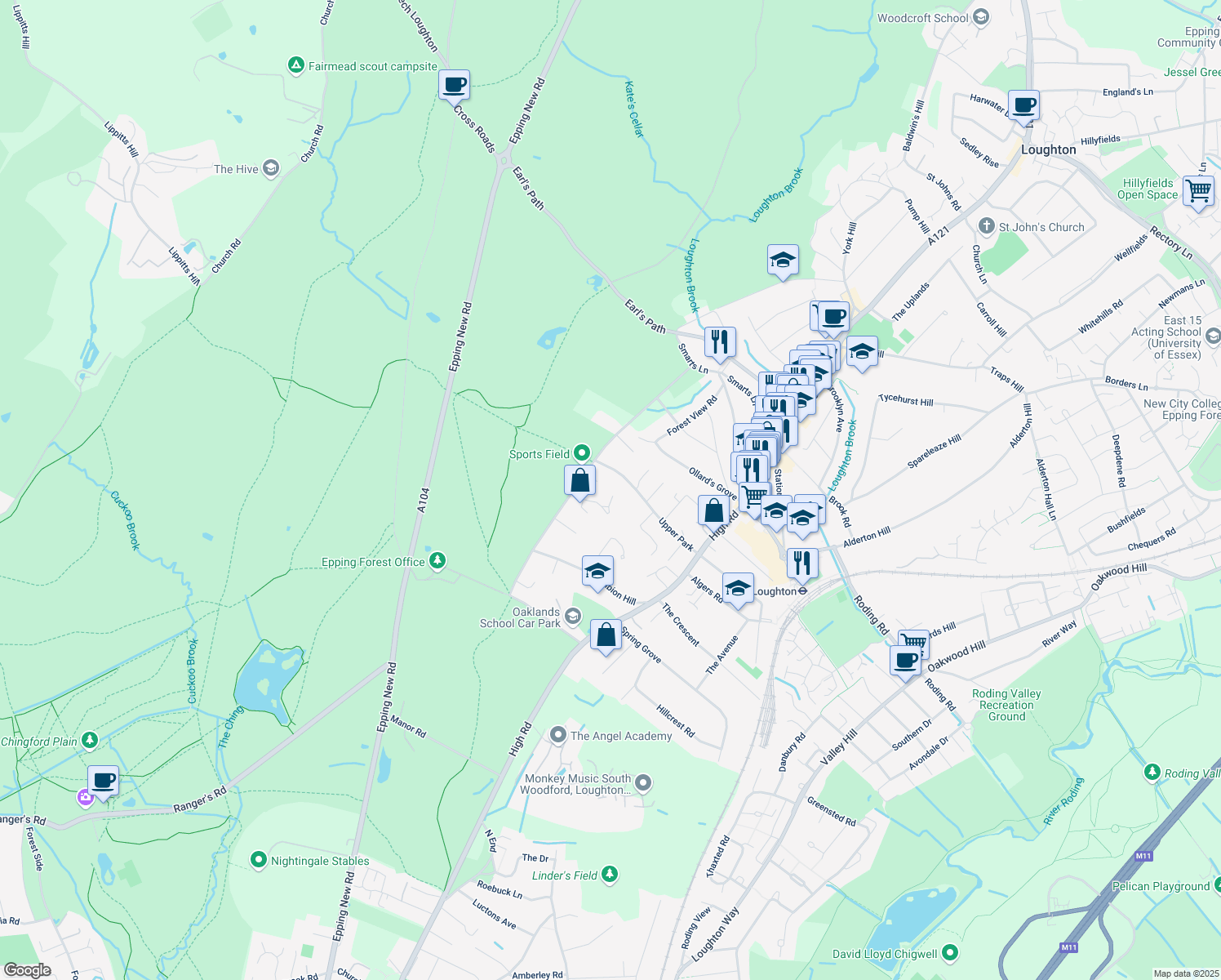 map of restaurants, bars, coffee shops, grocery stores, and more near 10 Longfield in Essex