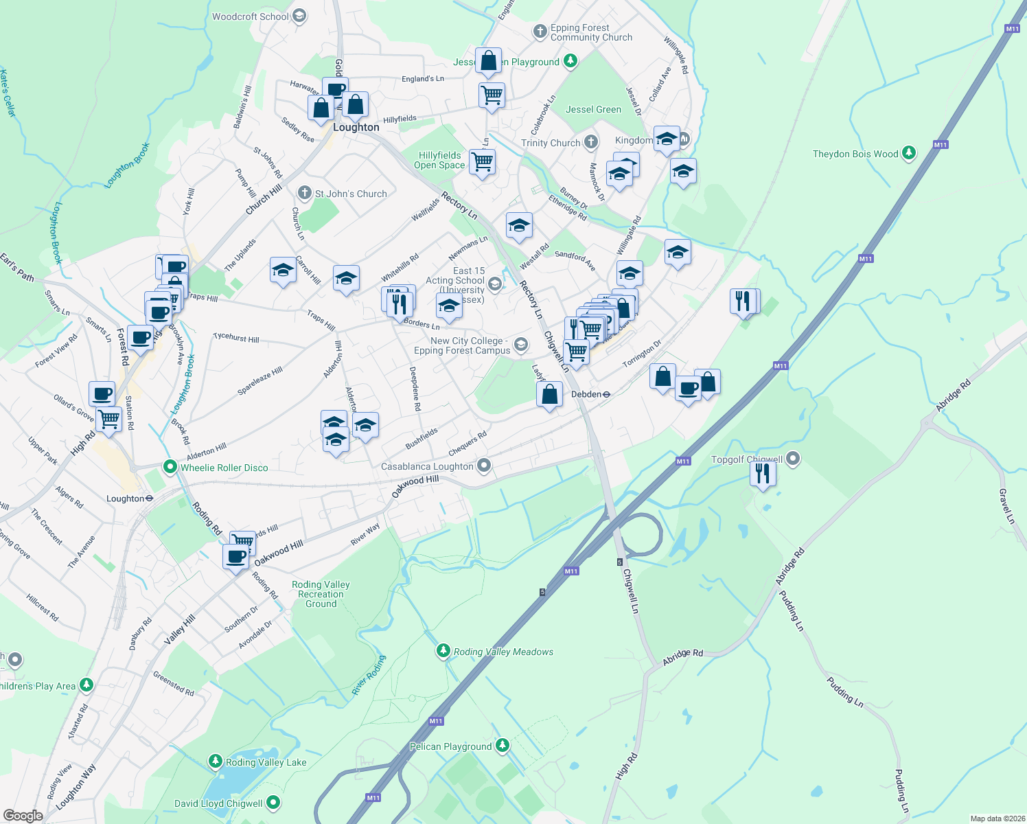 map of restaurants, bars, coffee shops, grocery stores, and more near 46 Colson Road in Essex