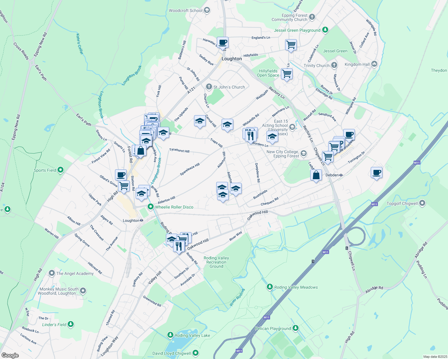 map of restaurants, bars, coffee shops, grocery stores, and more near in Loughton