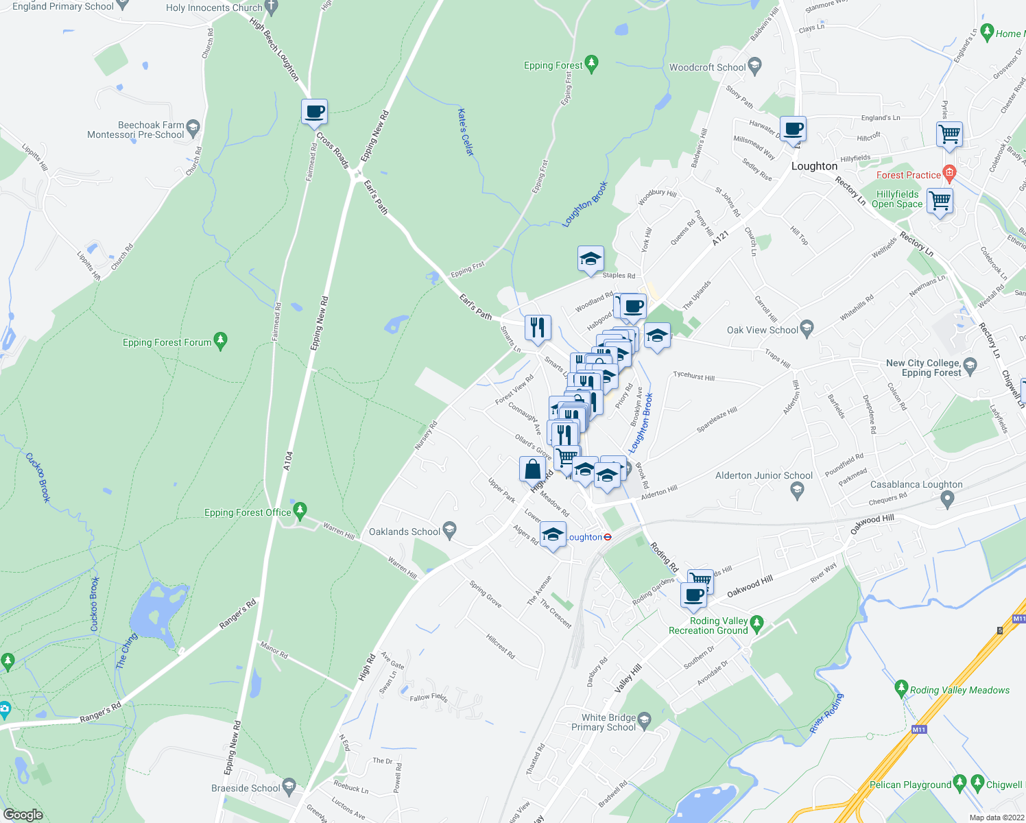 map of restaurants, bars, coffee shops, grocery stores, and more near 24 Connaught Avenue in Essex