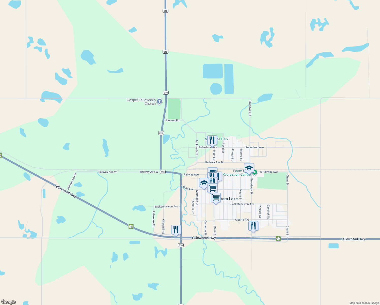 map of restaurants, bars, coffee shops, grocery stores, and more near 629 Barkman Close in Foam Lake