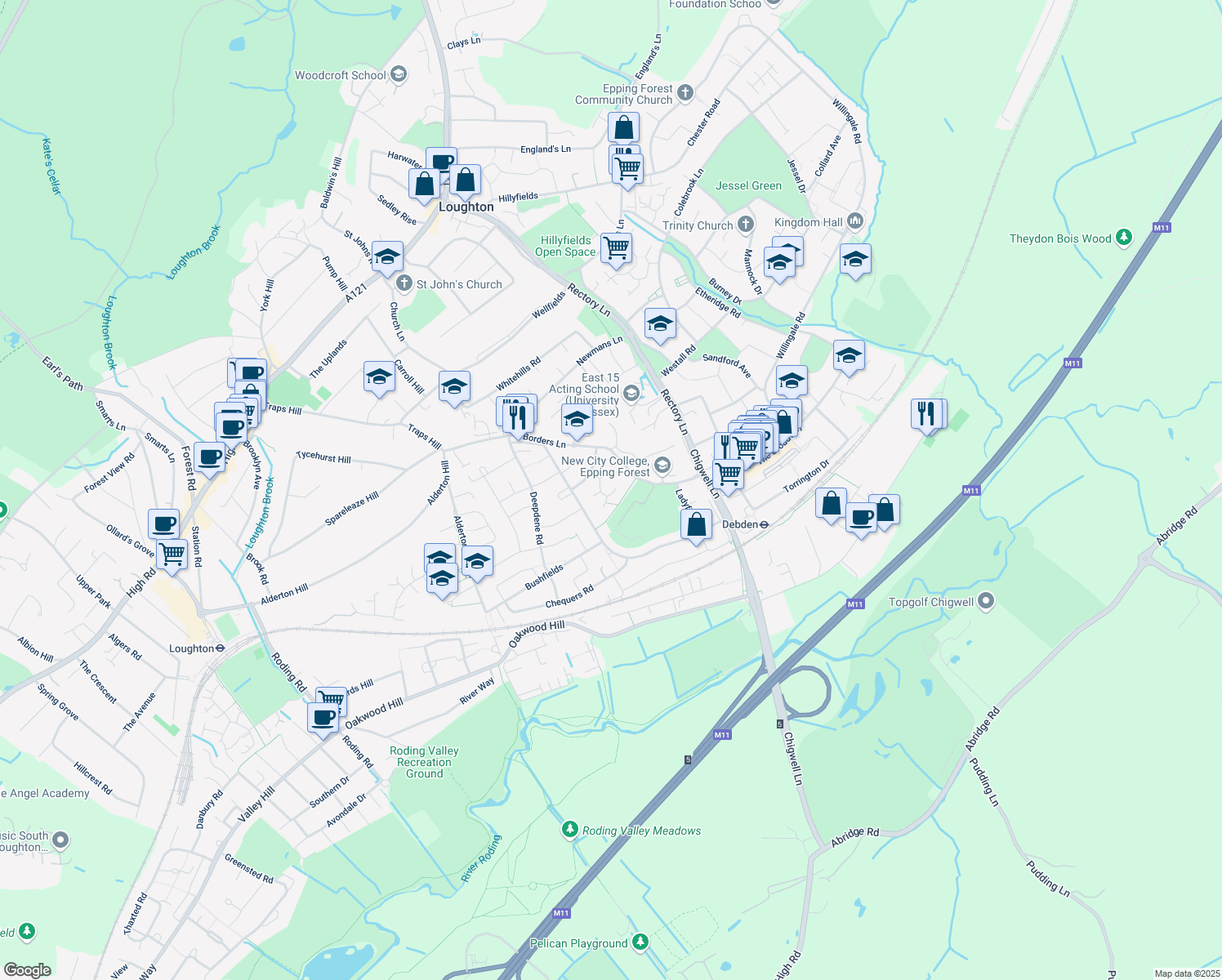 map of restaurants, bars, coffee shops, grocery stores, and more near 1 Bryony Close in Essex