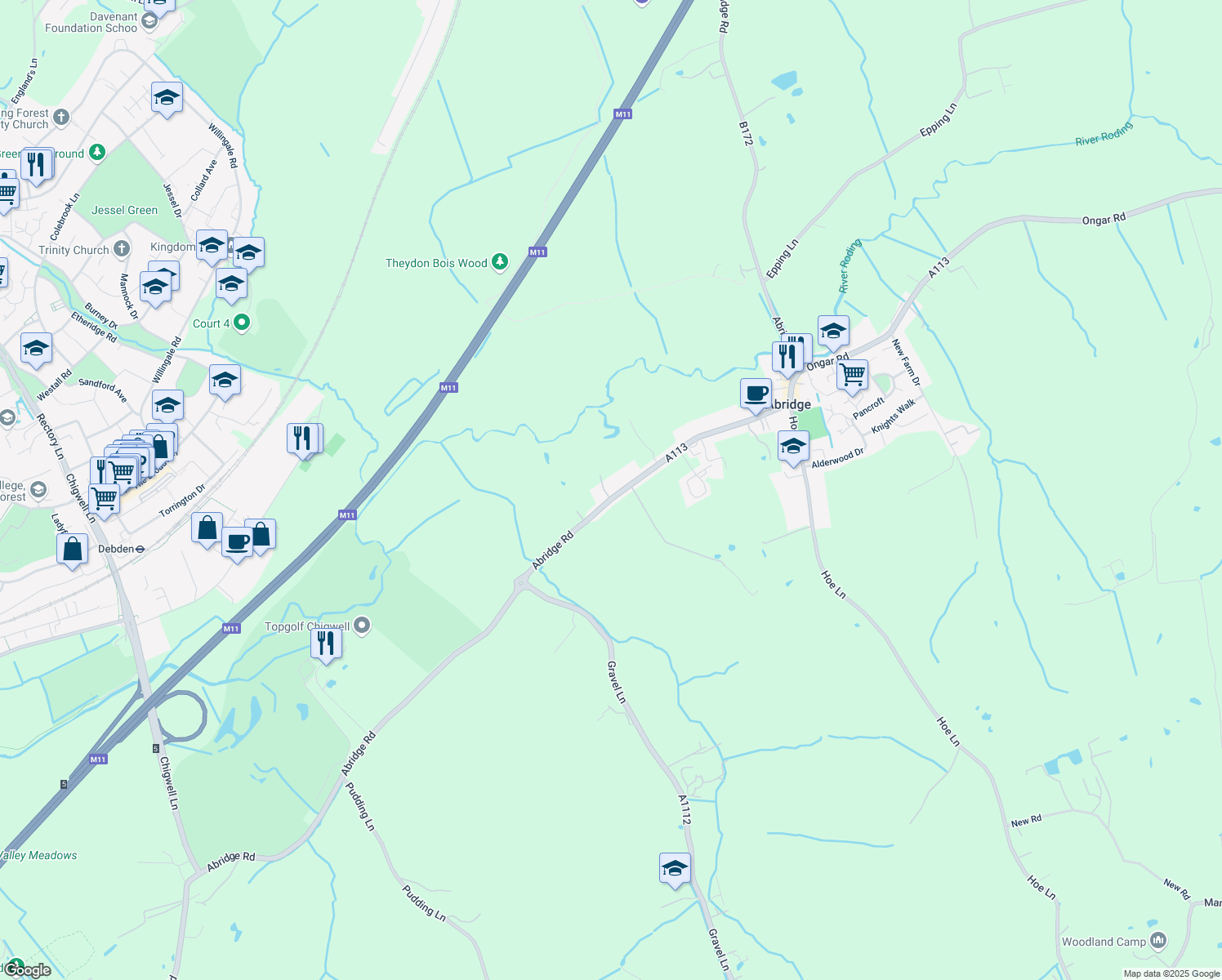 map of restaurants, bars, coffee shops, grocery stores, and more near 136 London Road in Abridge