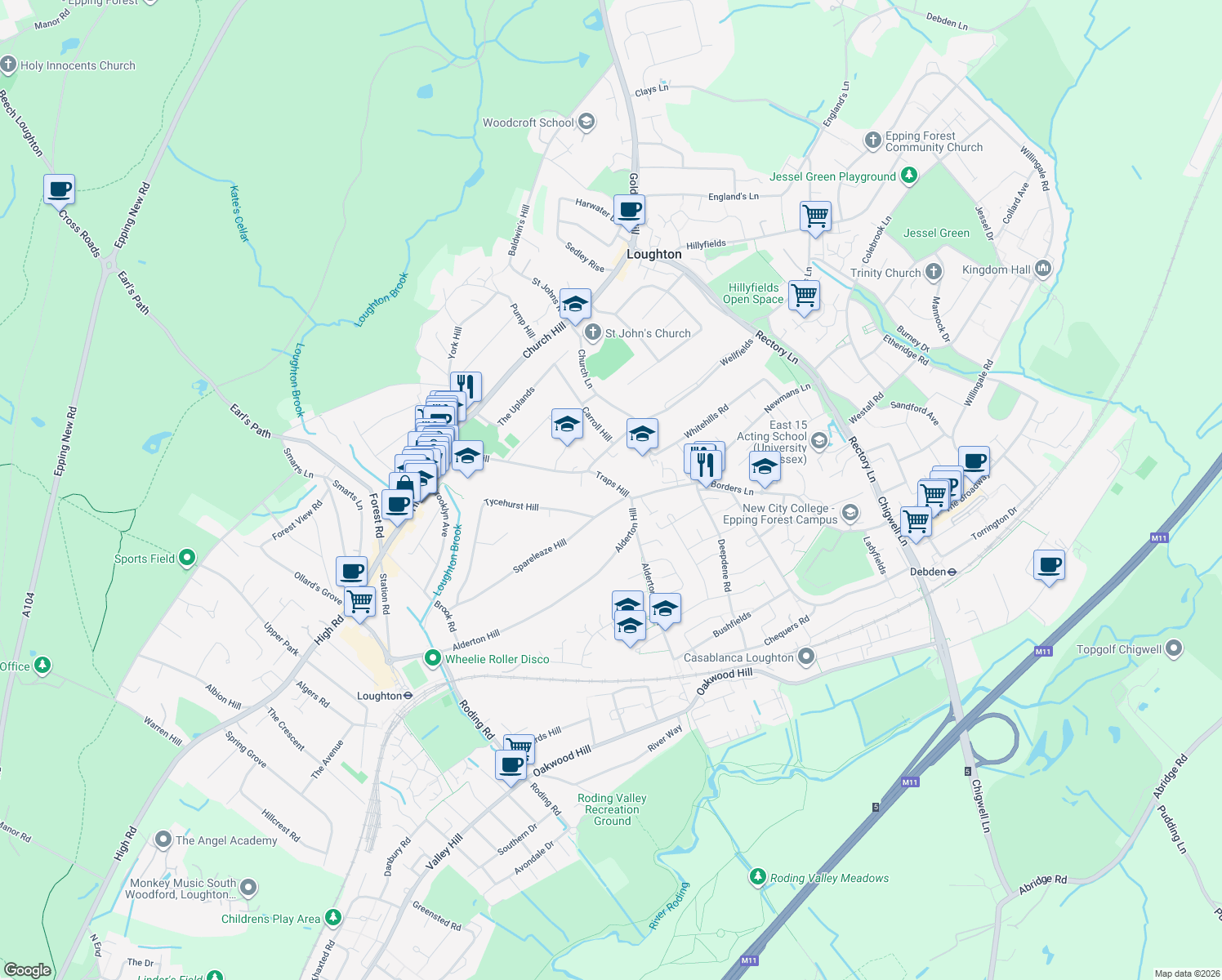 map of restaurants, bars, coffee shops, grocery stores, and more near 65 Traps Hill in Essex