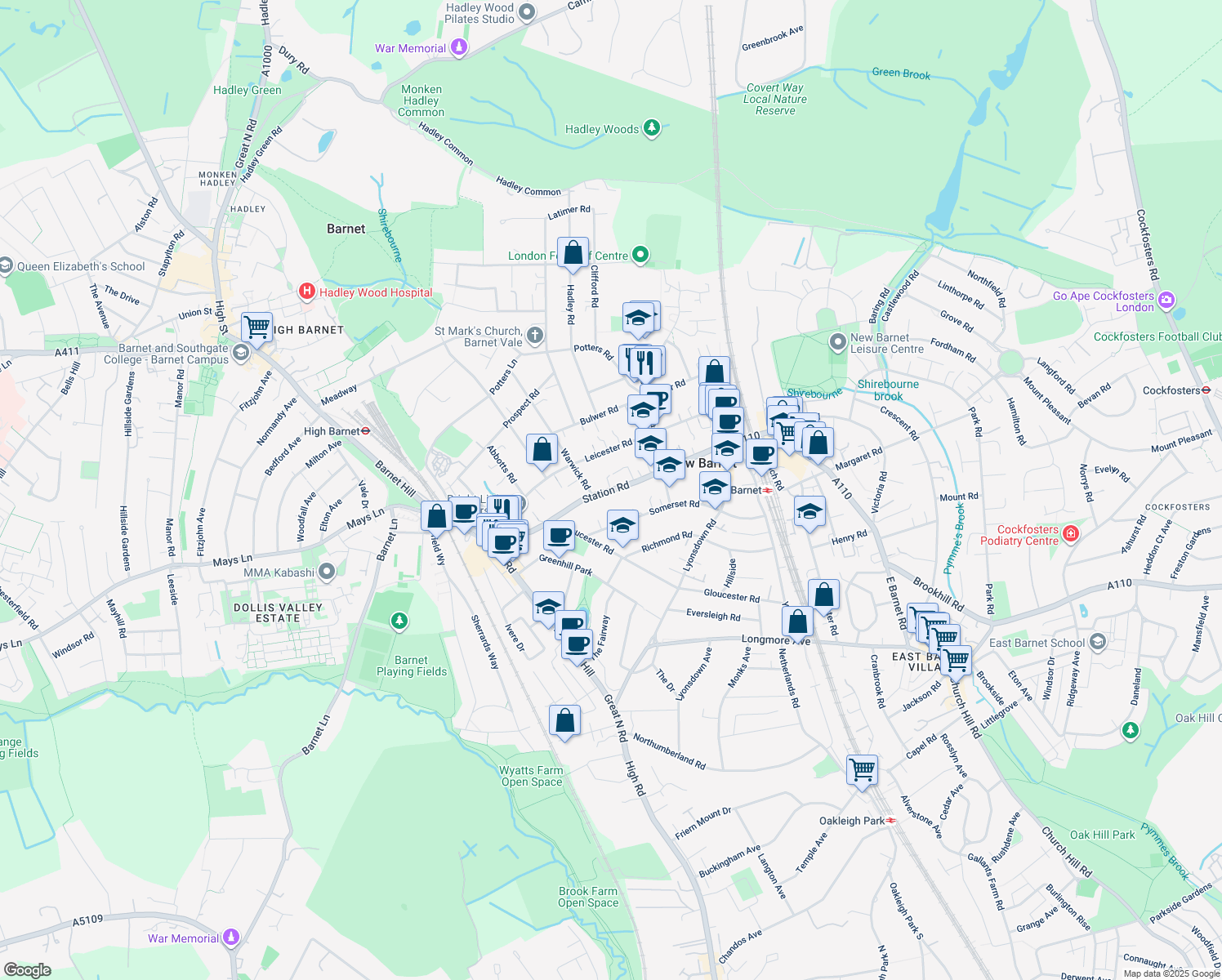 map of restaurants, bars, coffee shops, grocery stores, and more near Station Road in Greater London