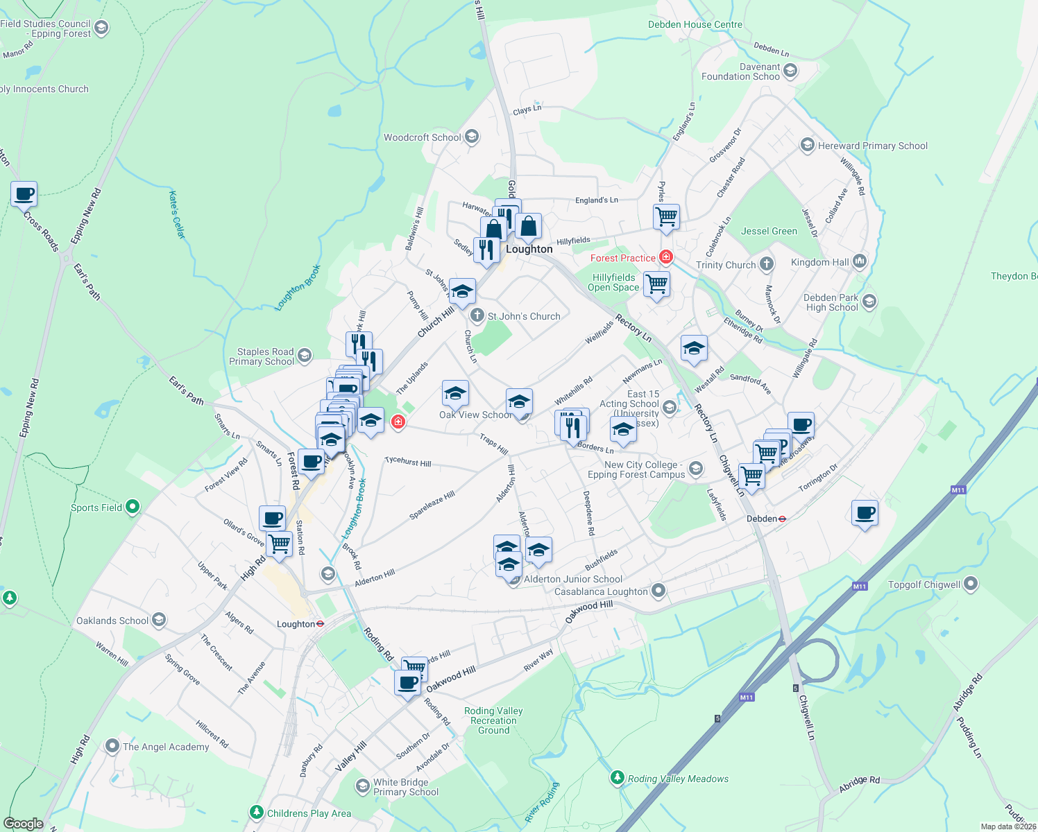 map of restaurants, bars, coffee shops, grocery stores, and more near 4 Whitehills Road in Essex