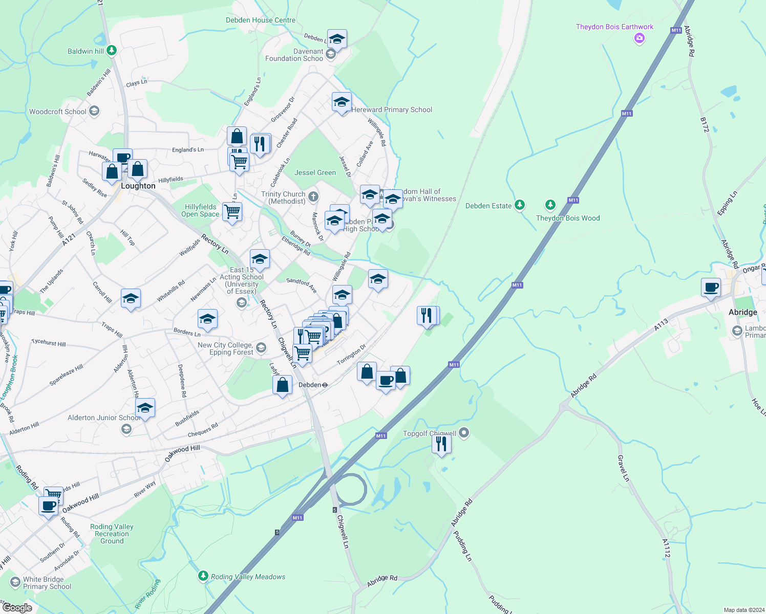 map of restaurants, bars, coffee shops, grocery stores, and more near 27 Lytton Close in Essex