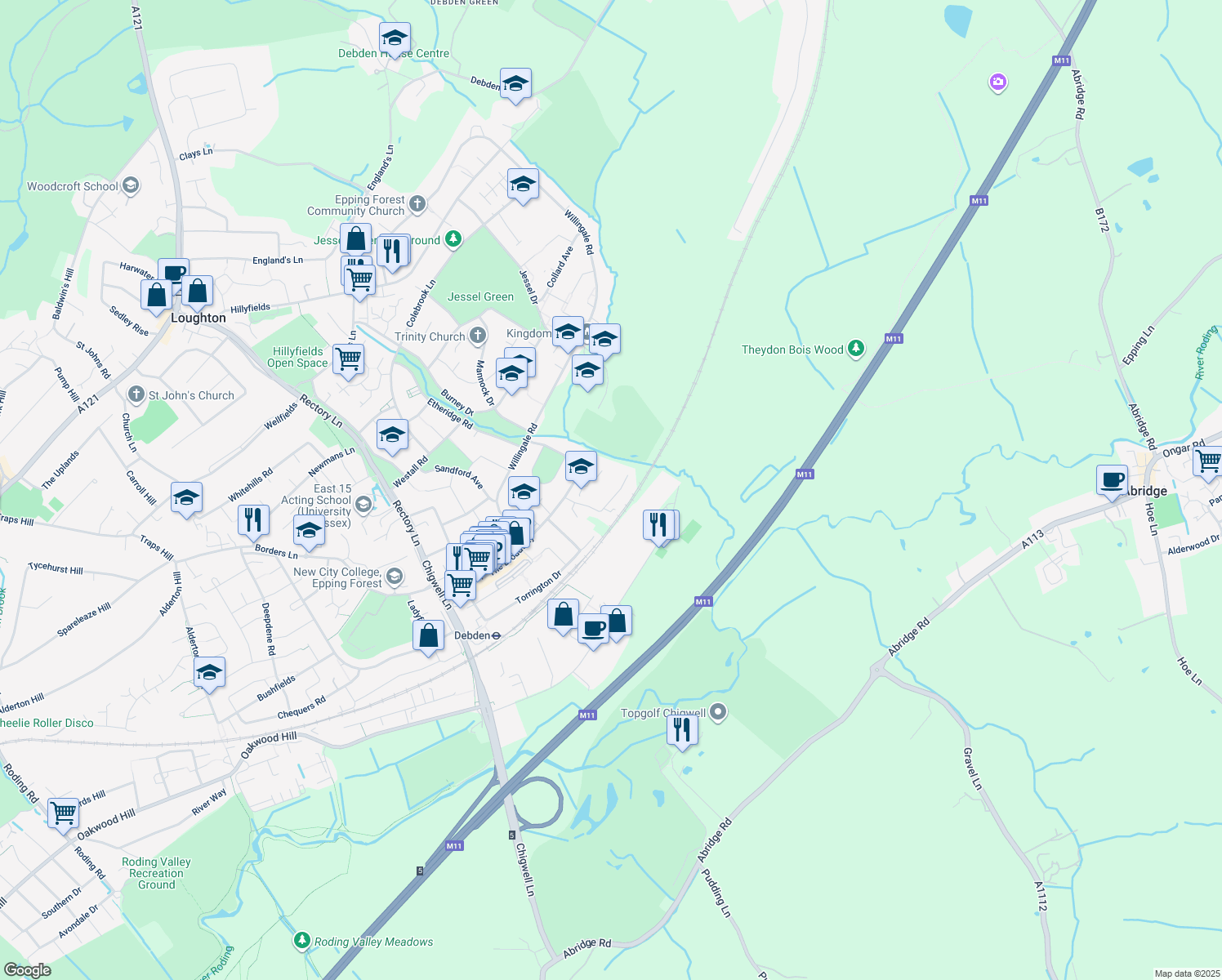 map of restaurants, bars, coffee shops, grocery stores, and more near 35 Austen Close in Essex