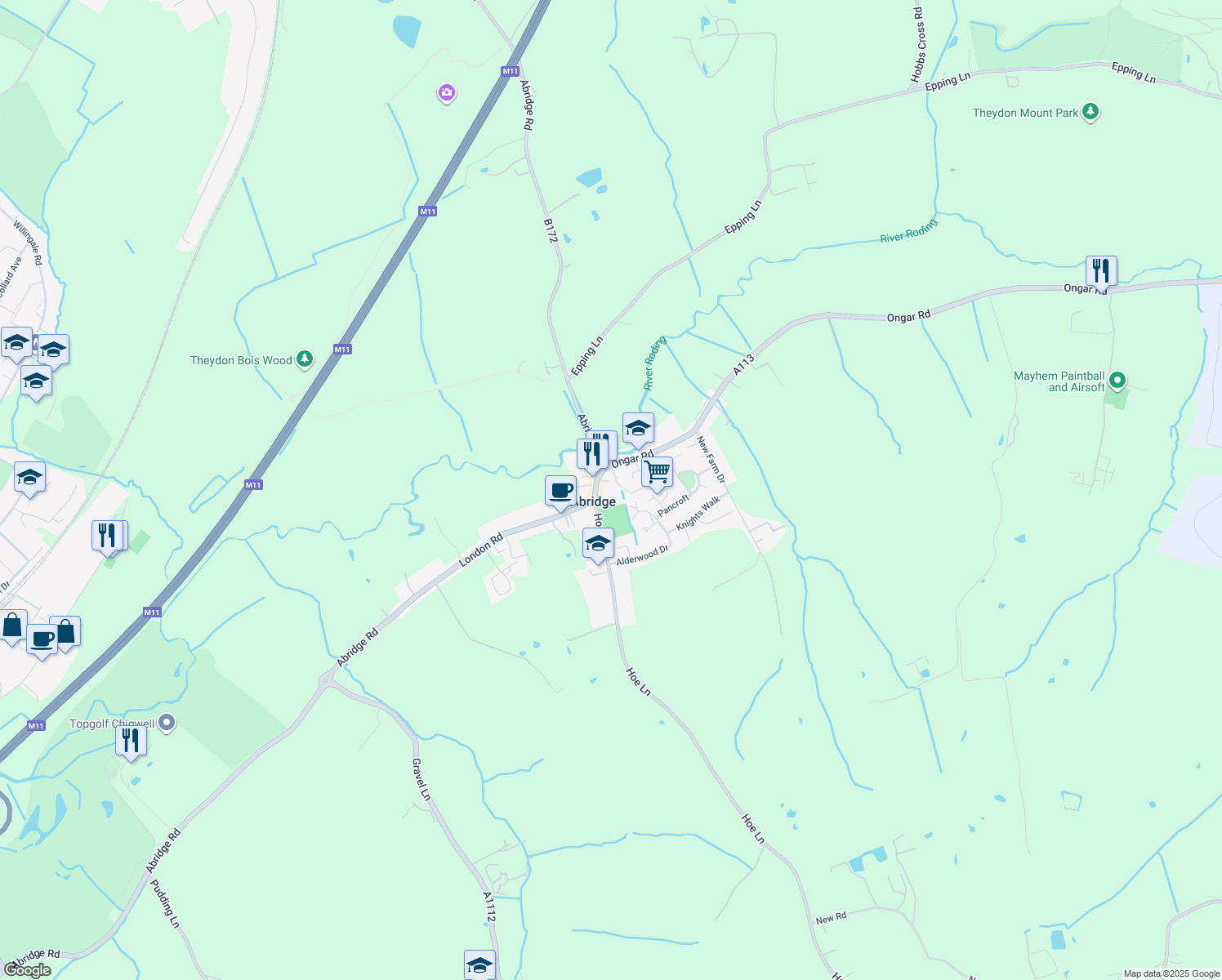 map of restaurants, bars, coffee shops, grocery stores, and more near 1 White Hall in Abridge